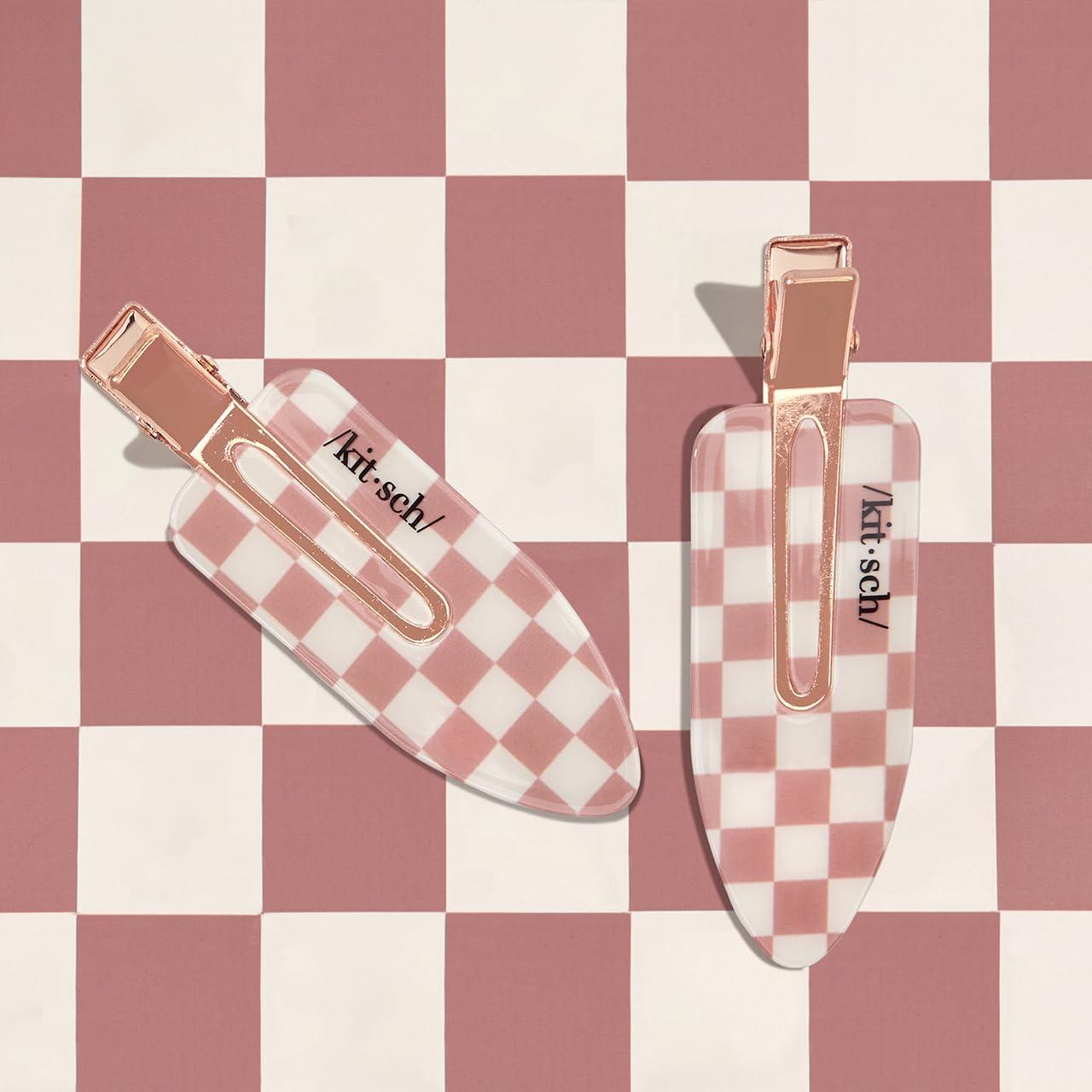 imageKitsch Creaseless Hair Clips for Women No Crease No Bend Hair Clips for Styling Bangs Makeup Application Face Wash Recycled Acrylic Cherry Print Ideal Gifts for Women 4pcsTerracotta Checkered