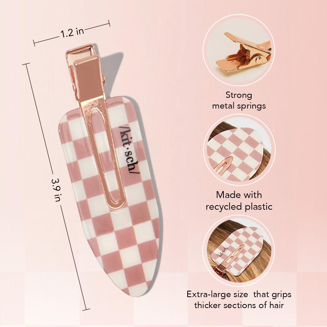 imageKitsch Creaseless Hair Clips for Women No Crease No Bend Hair Clips for Styling Bangs Makeup Application Face Wash Recycled Acrylic Cherry Print Ideal Gifts for Women 4pcsTerracotta Checkered