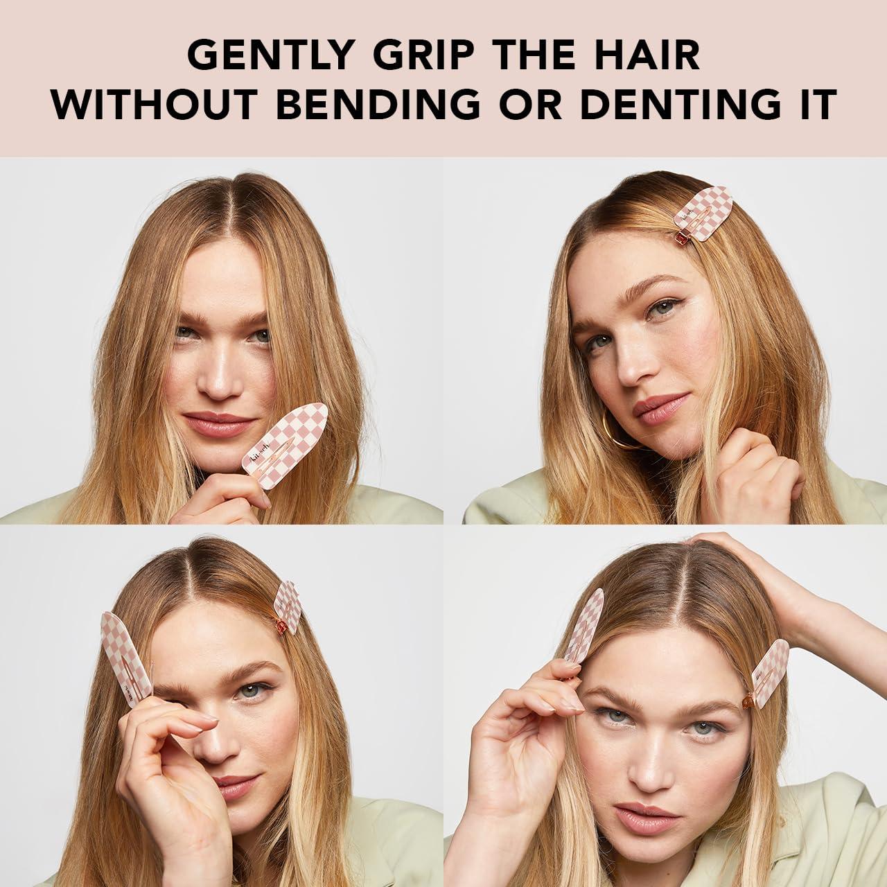 imageKitsch Creaseless Hair Clips for Women No Crease No Bend Hair Clips for Styling Bangs Makeup Application Face Wash Recycled Acrylic Cherry Print Ideal Gifts for Women 4pcsTerracotta Checkered