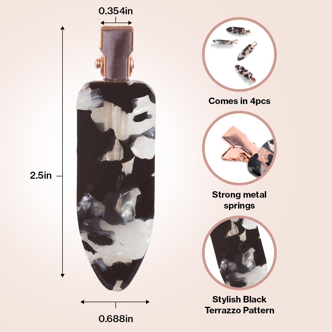 imageKitsch Creaseless Hair Clips for Women No Crease No Bend Hair Clips for Styling Bangs Makeup Application Face Wash Recycled Acrylic Cherry Print Ideal Gifts for Women 4pcsBlack Terrazzo