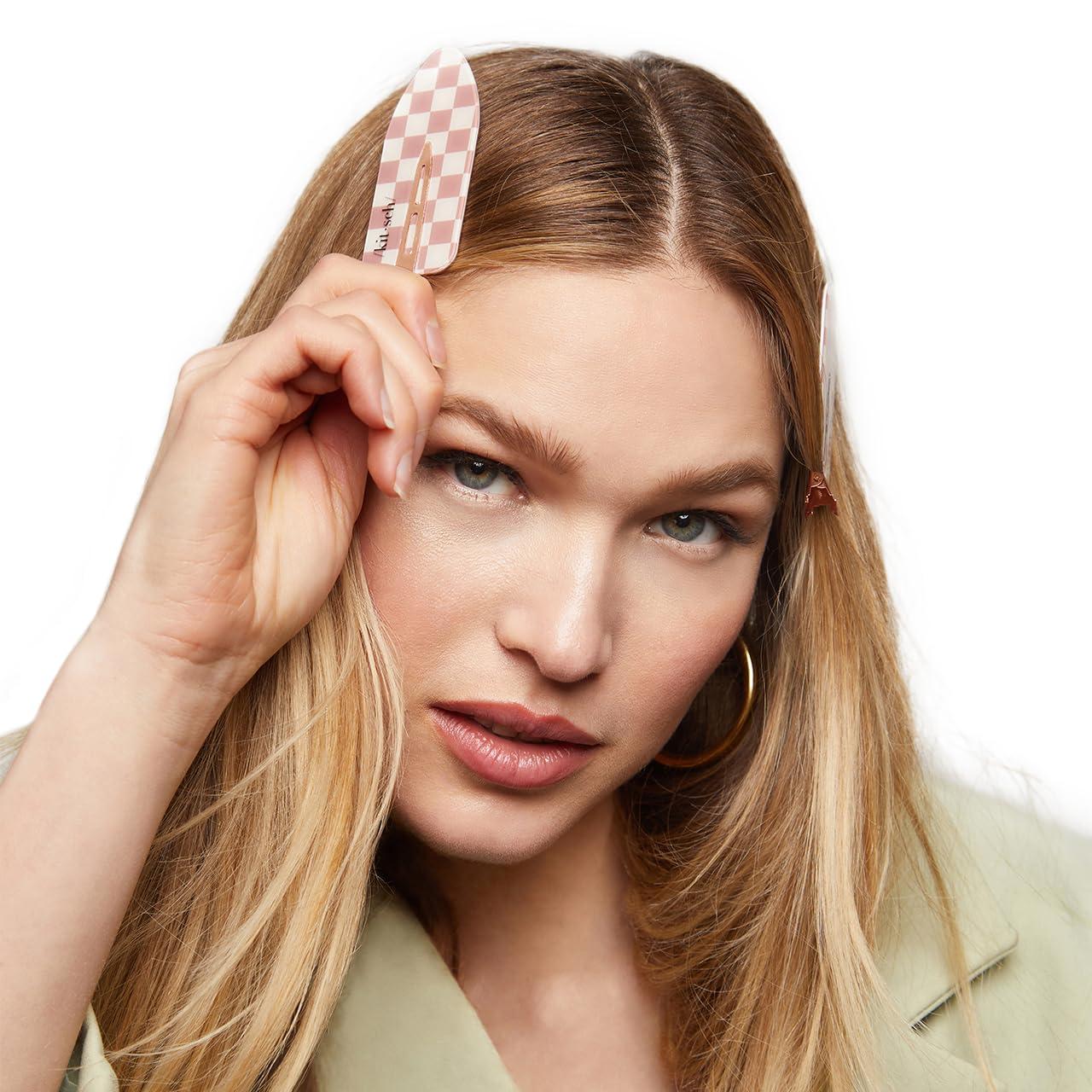 imageKitsch Creaseless Hair Clips for Women No Crease No Bend Hair Clips for Styling Bangs Makeup Application Face Wash Recycled Acrylic Cherry Print Ideal Gifts for Women 4pcsTerracotta Checkered