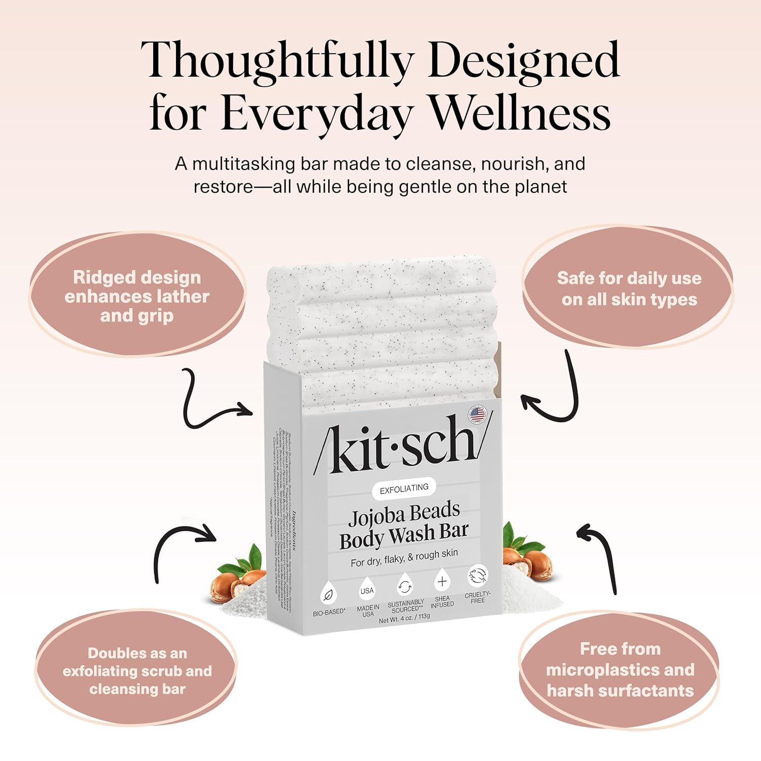 imageKitsch Jojoba Beads Exfoliating Body Wash Bar Nourishing Bar Soap with Shea Butter ampamp Aloe for Dry Flaky Skin Soap bar ampamp Body Scrub for Smooth Refreshed Skin Rosemary ampamp Cedarwood Scent 4 oz