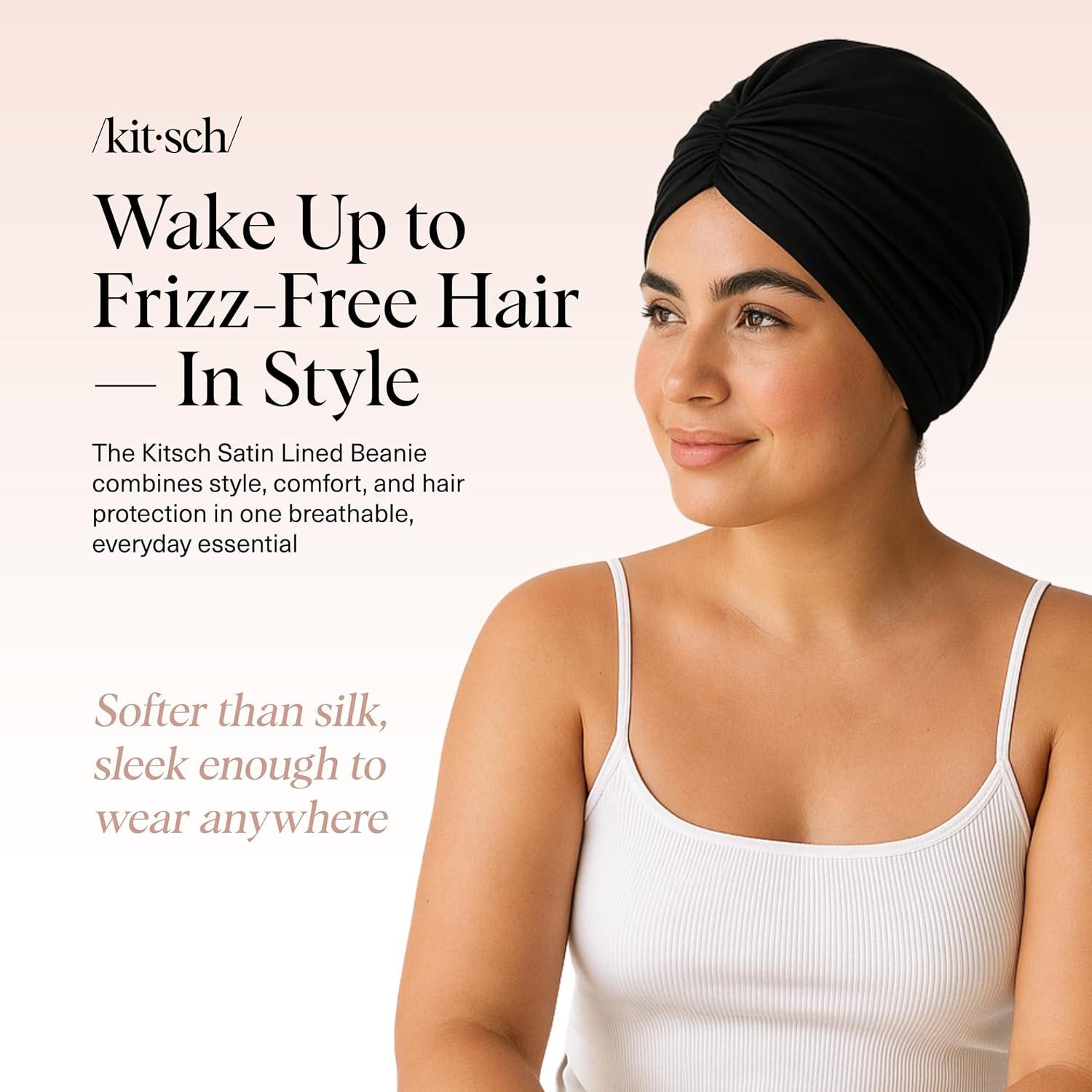 imageKitsch Satin Lined Beanie Softer than Silk Bonnet For Sleeping Women Breathable Hair Cover for Sleeping Slouchy Beanie Bonnets for Women Hair Wrap Reduce Breakage for Freezfree Hairs Black