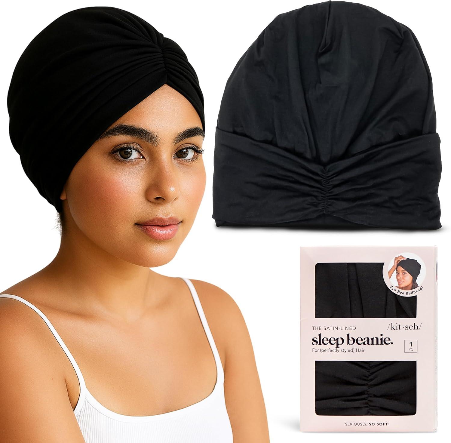 imageKitsch Satin Lined Beanie Softer than Silk Bonnet For Sleeping Women Breathable Hair Cover for Sleeping Slouchy Beanie Bonnets for Women Hair Wrap Reduce Breakage for Freezfree Hairs Black
