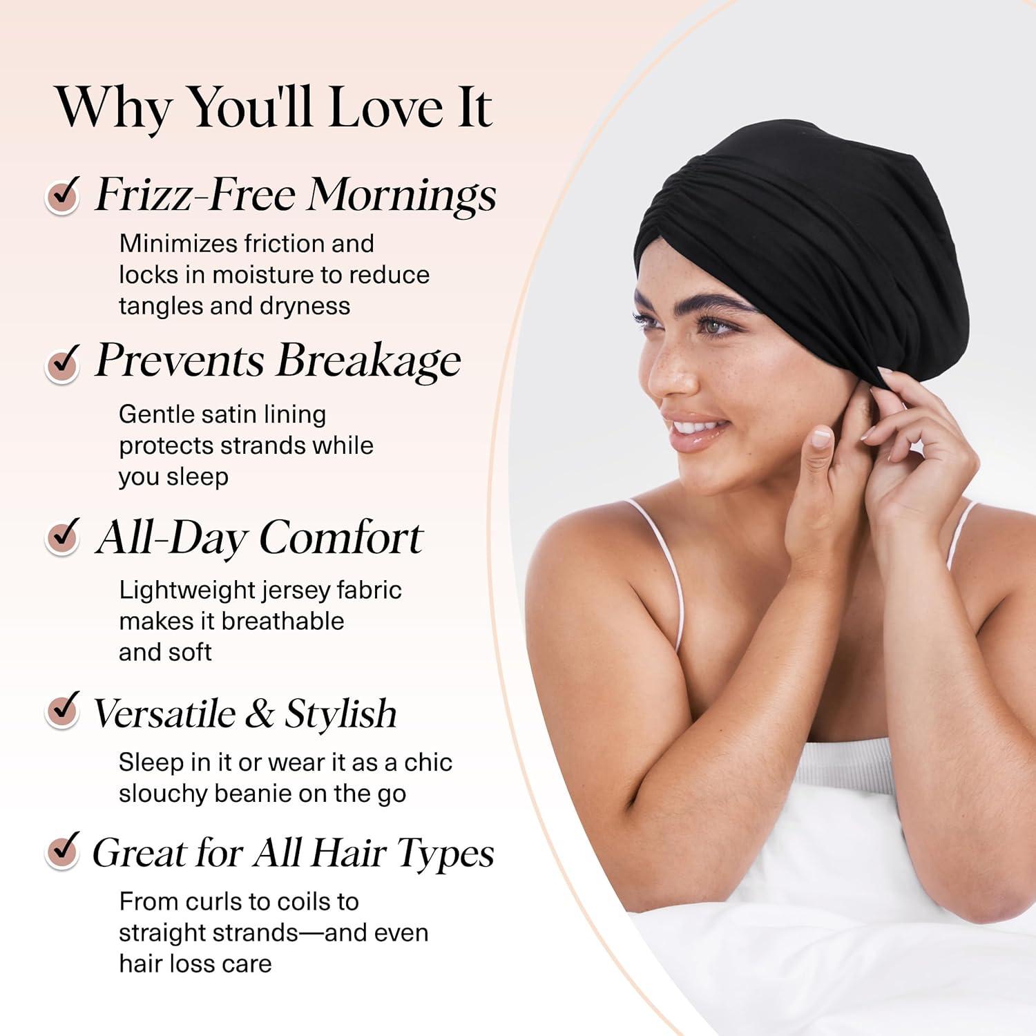 imageKitsch Satin Lined Beanie Softer than Silk Bonnet For Sleeping Women Breathable Hair Cover for Sleeping Slouchy Beanie Bonnets for Women Hair Wrap Reduce Breakage for Freezfree Hairs Black