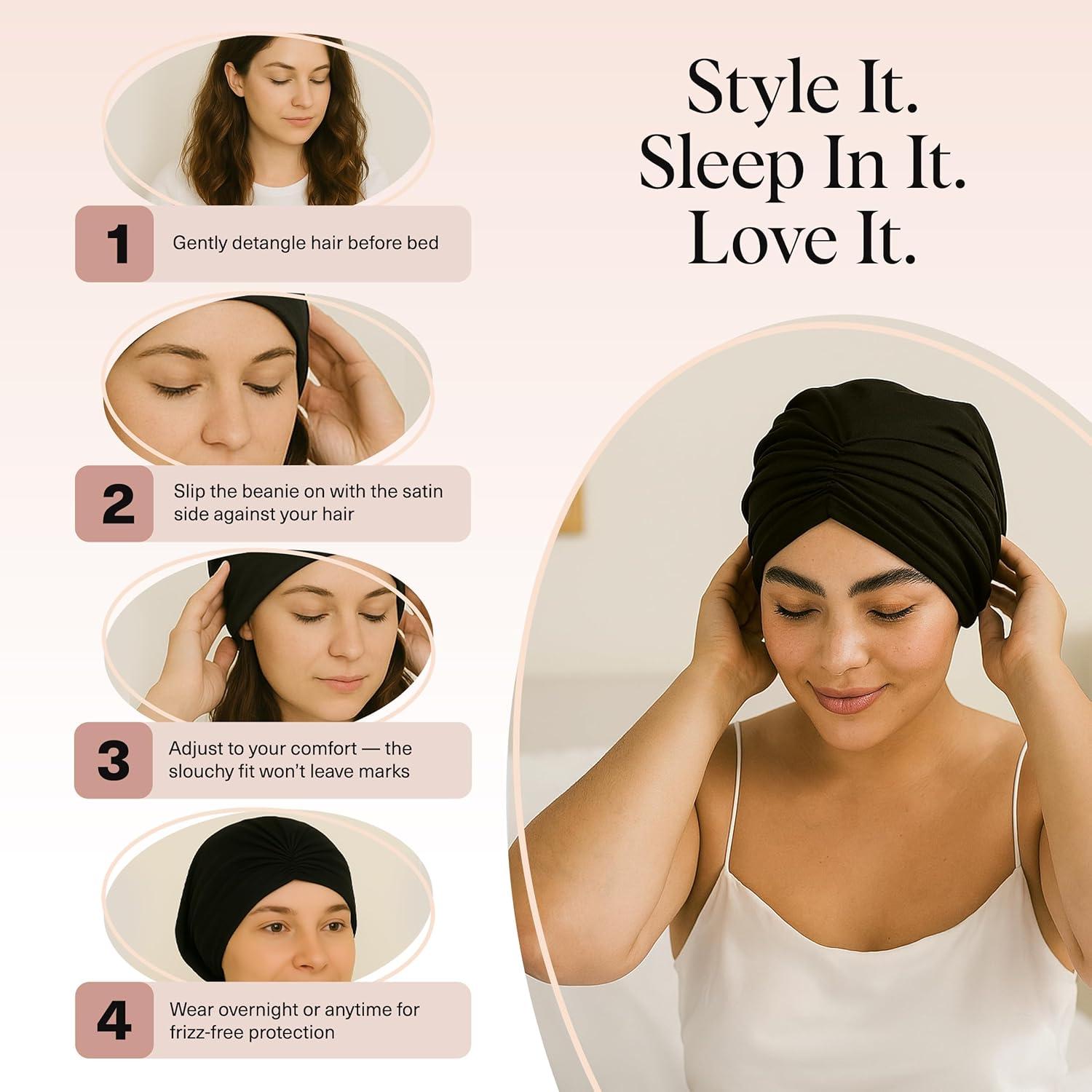 imageKitsch Satin Lined Beanie Softer than Silk Bonnet For Sleeping Women Breathable Hair Cover for Sleeping Slouchy Beanie Bonnets for Women Hair Wrap Reduce Breakage for Freezfree Hairs Black