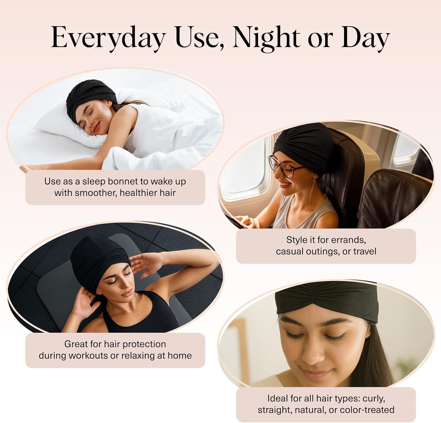 imageKitsch Satin Lined Beanie Softer than Silk Bonnet For Sleeping Women Breathable Hair Cover for Sleeping Slouchy Beanie Bonnets for Women Hair Wrap Reduce Breakage for Freezfree Hairs Black