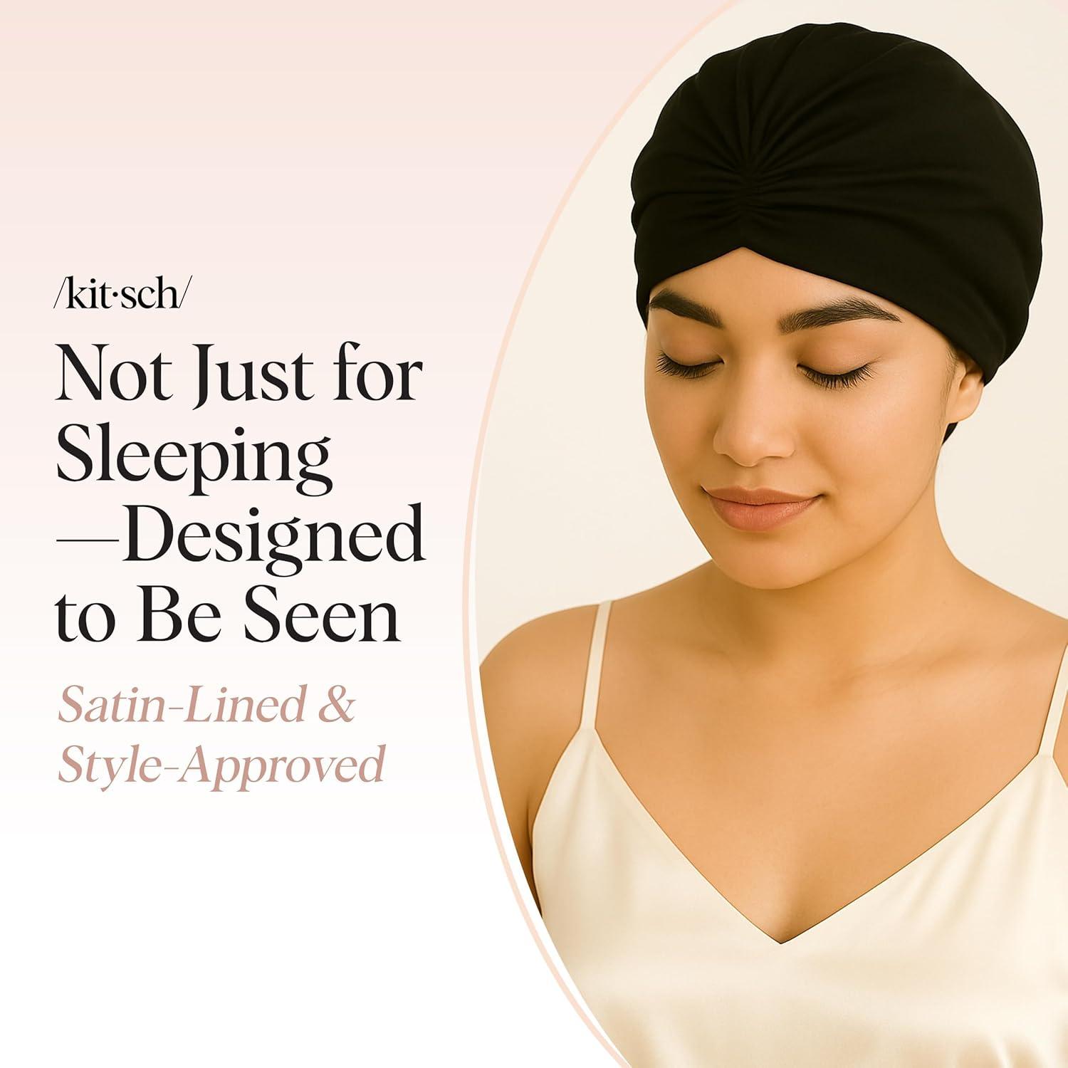 imageKitsch Satin Lined Beanie Softer than Silk Bonnet For Sleeping Women Breathable Hair Cover for Sleeping Slouchy Beanie Bonnets for Women Hair Wrap Reduce Breakage for Freezfree Hairs Black