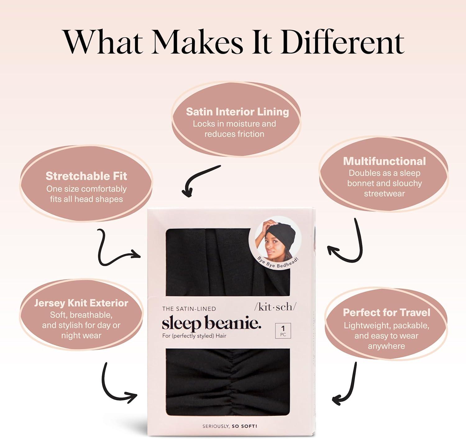 imageKitsch Satin Lined Beanie Softer than Silk Bonnet For Sleeping Women Breathable Hair Cover for Sleeping Slouchy Beanie Bonnets for Women Hair Wrap Reduce Breakage for Freezfree Hairs Black