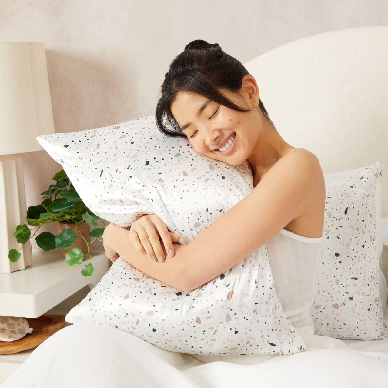 imageKitsch Satin Pillowcase with Zipper for Hair ampamp Skin Softer Than Silk Pillow Cases Queen WrinkleFree Smooth and Cooling Satin Pillow Covers Standard Size 19quotx26quot CharcoalWhite Terrazzo