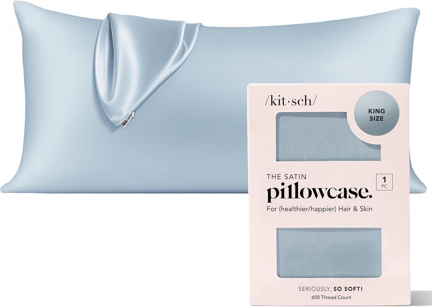 imageKitsch Satin Pillowcase with Zipper for Hair ampamp Skin Softer Than Silk Pillow Cases Queen WrinkleFree Smooth and Cooling Satin Pillow Covers Standard Size 19quotx26quot CharcoalHaze Blue