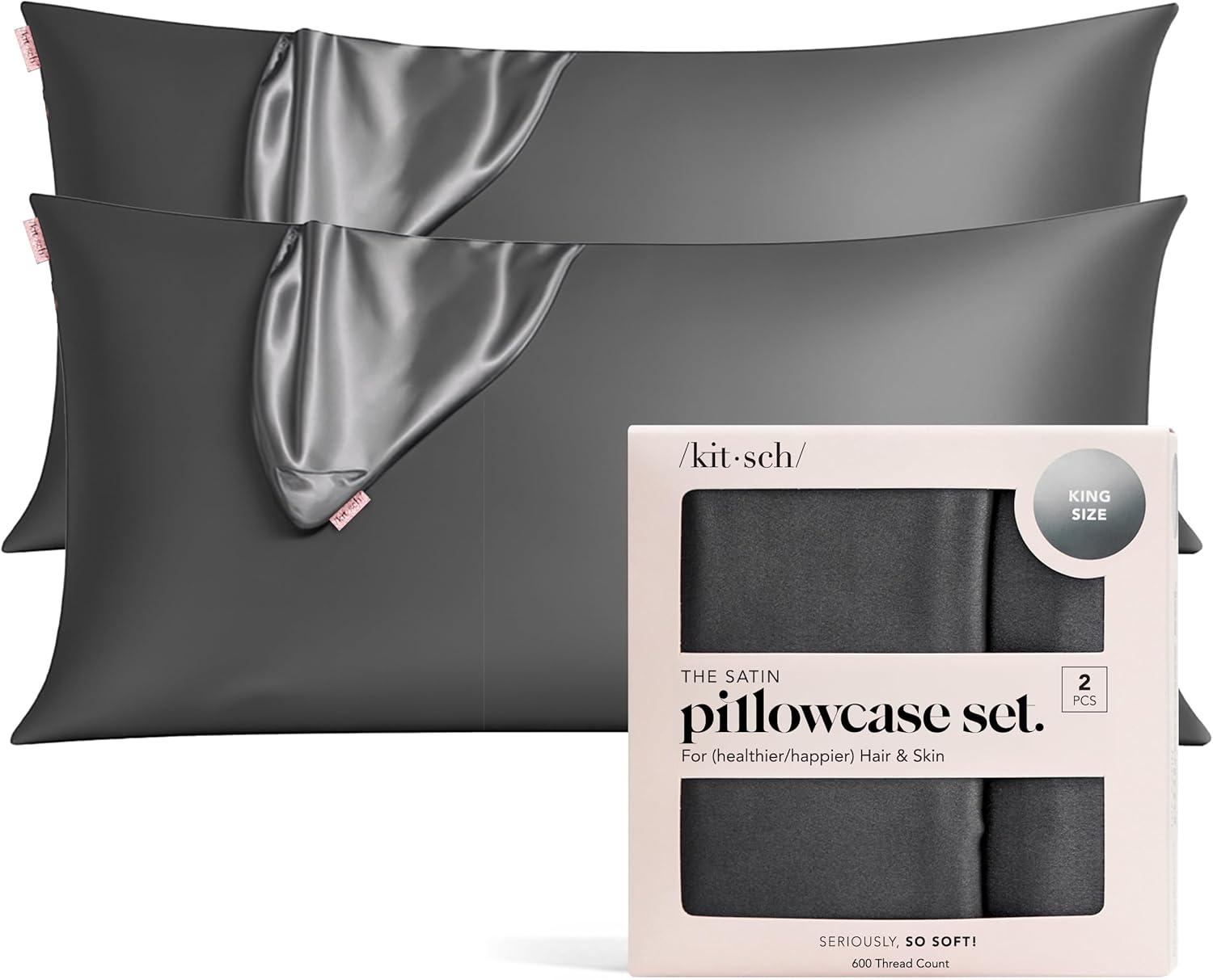 imageKitsch Satin Pillowcase with Zipper for Hair ampamp Skin Softer Than Silk Pillow Cases Queen WrinkleFree Smooth and Cooling Satin Pillow Covers Standard Size 19quotx26quot CharcoalCharcoal