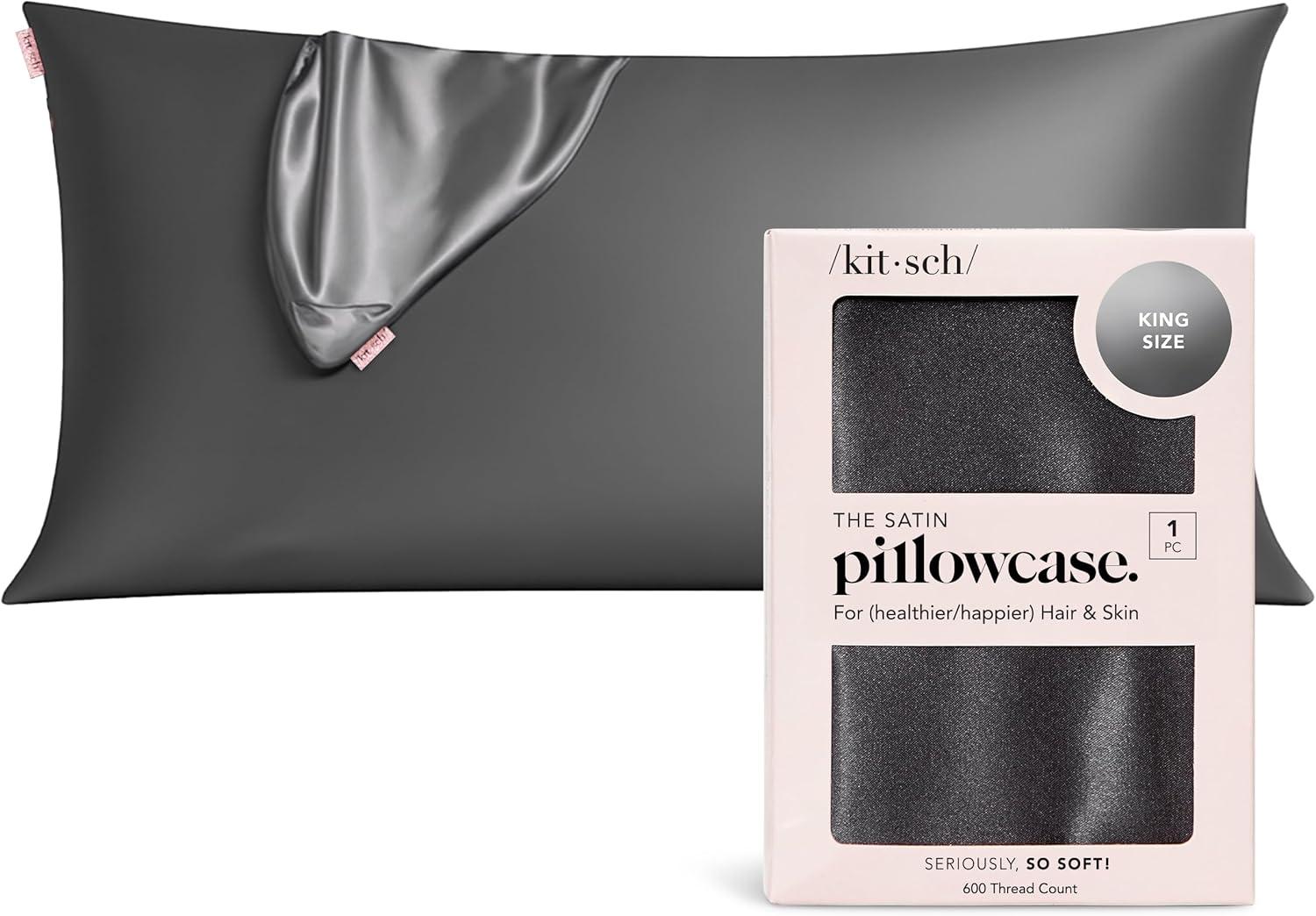 imageKitsch Satin Pillowcase with Zipper for Hair ampamp Skin Softer Than Silk Pillow Cases Queen WrinkleFree Smooth and Cooling Satin Pillow Covers Standard Size 19quotx26quot CharcoalCharcoal
