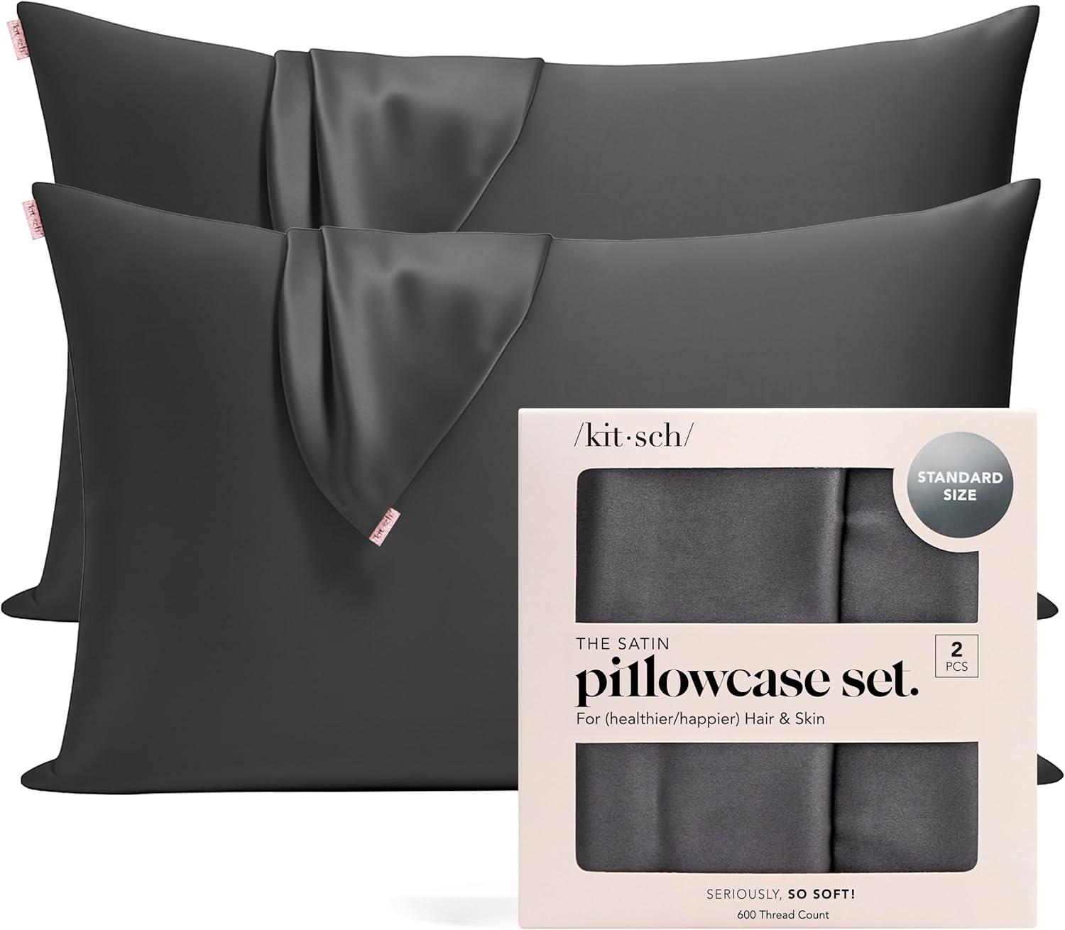 imageKitsch Satin Pillowcase with Zipper for Hair ampamp Skin Softer Than Silk Pillow Cases Queen WrinkleFree Smooth and Cooling Satin Pillow Covers Standard Size 19quotx26quot AuraCharcoal