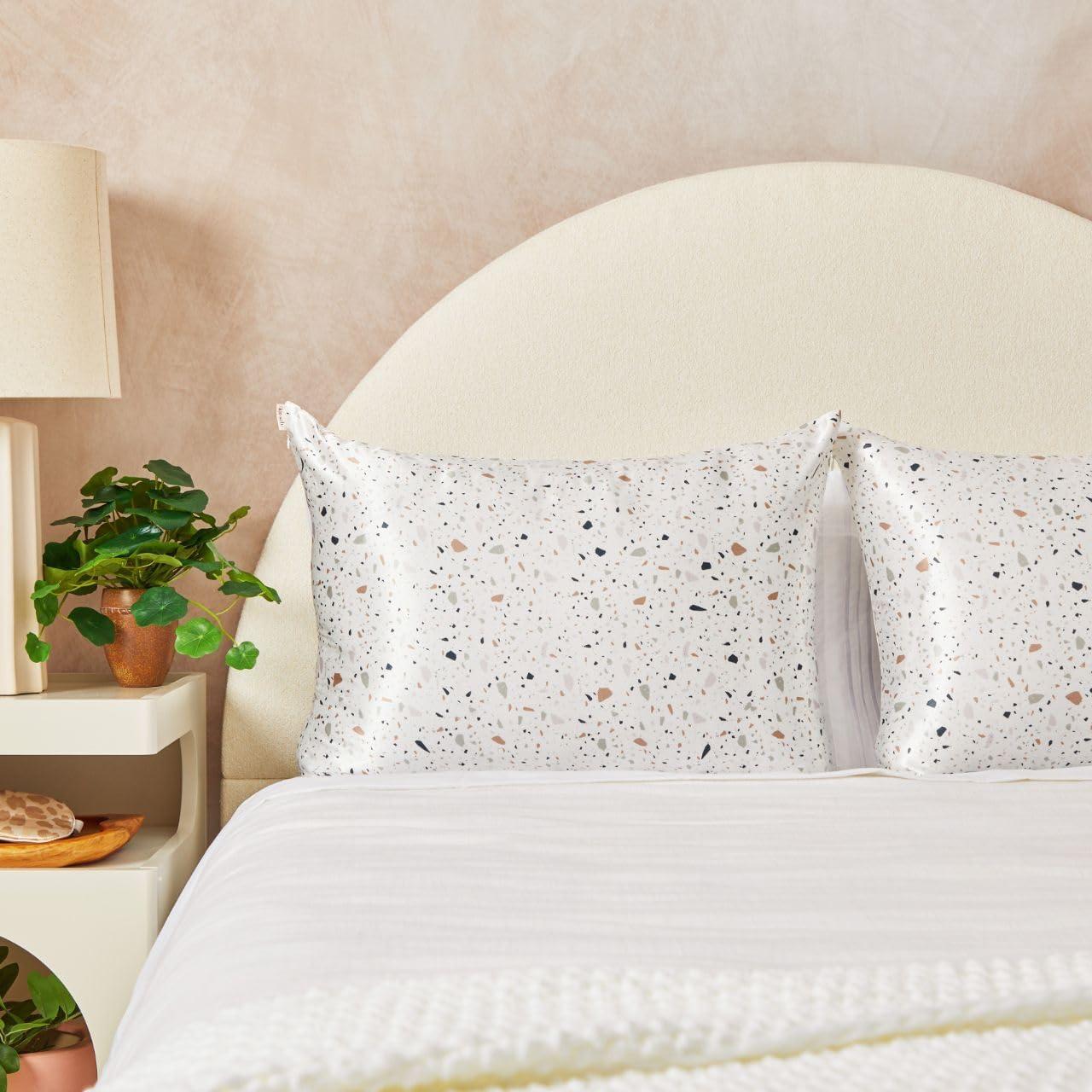 imageKitsch Satin Pillowcase with Zipper for Hair ampamp Skin Softer Than Silk Pillow Cases Queen WrinkleFree Smooth and Cooling Satin Pillow Covers Standard Size 19quotx26quot AuraWhite Terrazzo