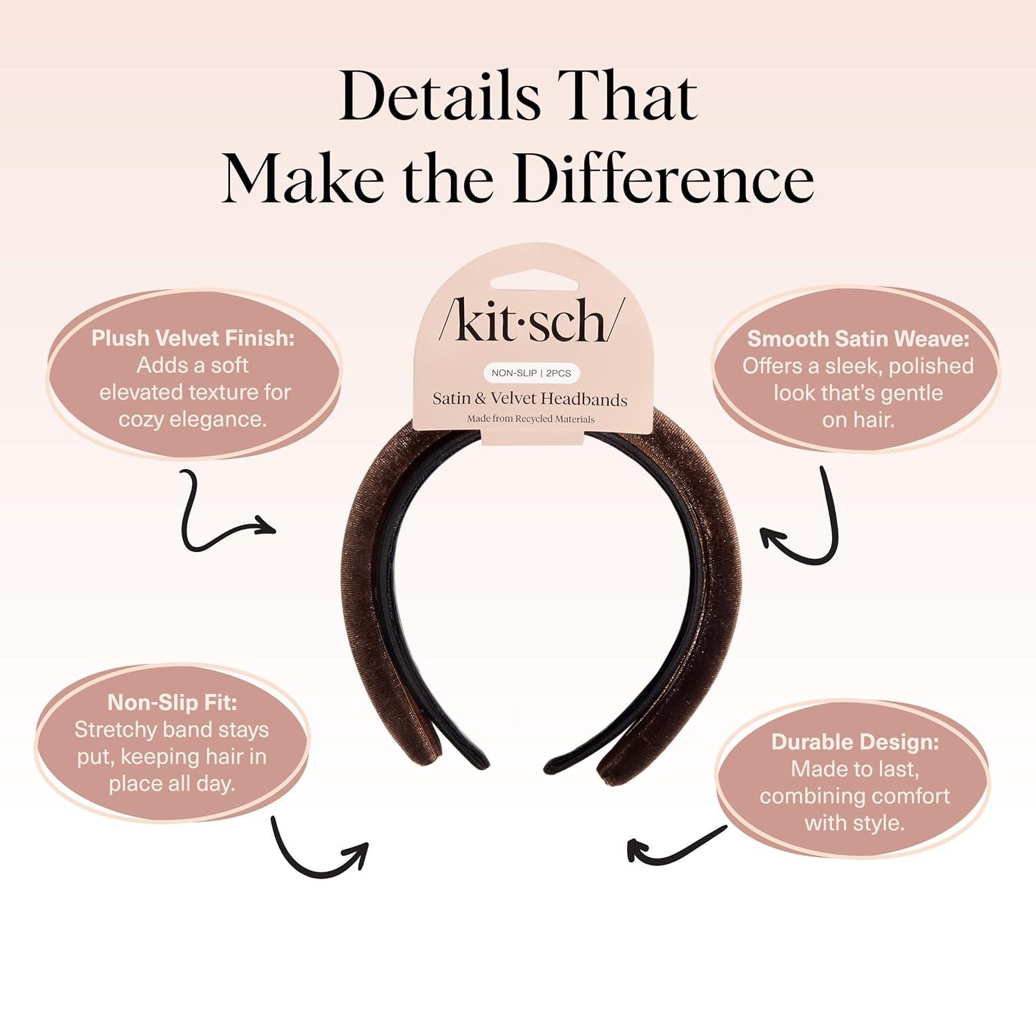 imageKitsch Velvet ampamp Satin Headbands for Women Non Slip Soft and Lightweight Stylish Headbands for Girls with Chic Neutral Shades Ideal Gifts for Women Black ampamp Chocolate 2pc SetBlack Chocolate