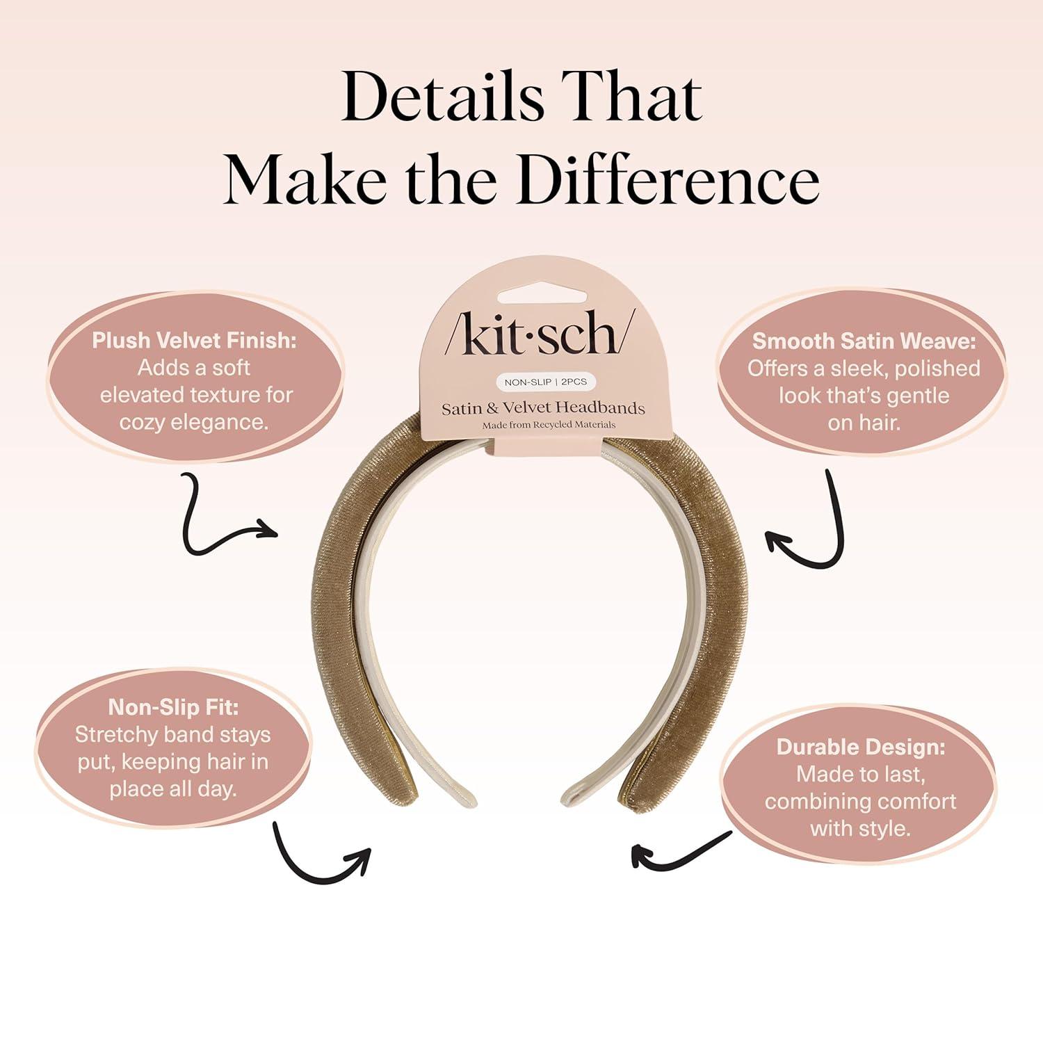 imageKitsch Velvet ampamp Satin Headbands for Women Non Slip Soft and Lightweight Stylish Headbands for Girls with Chic Neutral Shades Ideal Gifts for Women Black ampamp Chocolate 2pc SetCream Camel