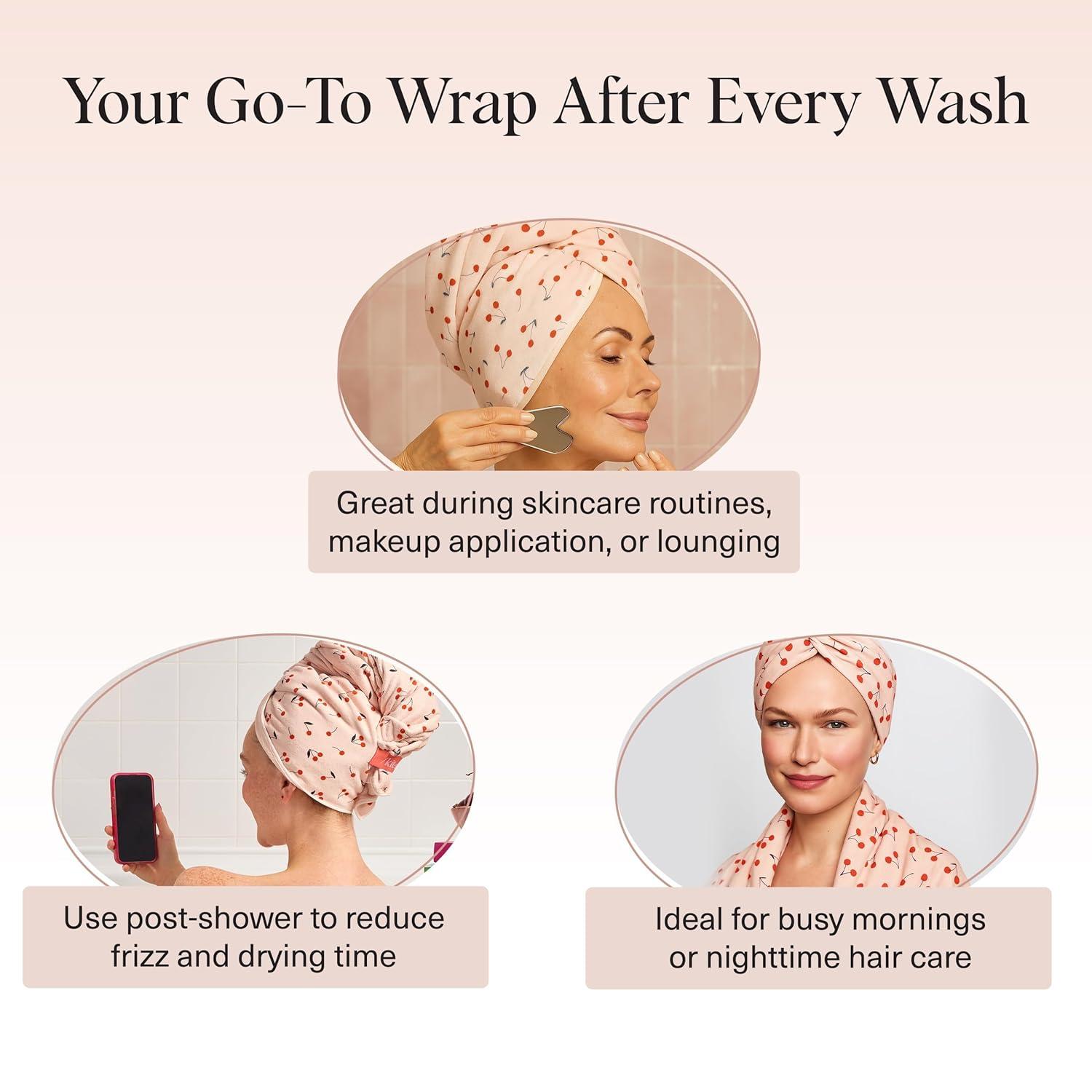 imageKitsch XL Microfiber Hair Towel Wrap for Women Ultra Absorbent Microfiber Towel for Wet Curly Long or Short Hair Quick Dry AntiFrizz Hair Wrap Cherry Print 40x24 inchesCherry Print