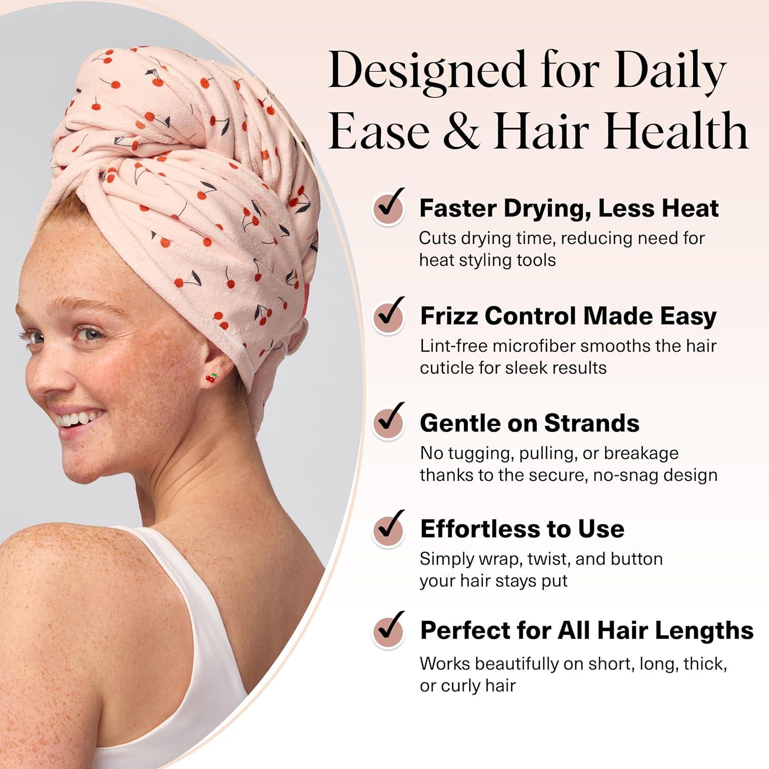 imageKitsch XL Microfiber Hair Towel Wrap for Women Ultra Absorbent Microfiber Towel for Wet Curly Long or Short Hair Quick Dry AntiFrizz Hair Wrap Cherry Print 40x24 inchesCherry Print