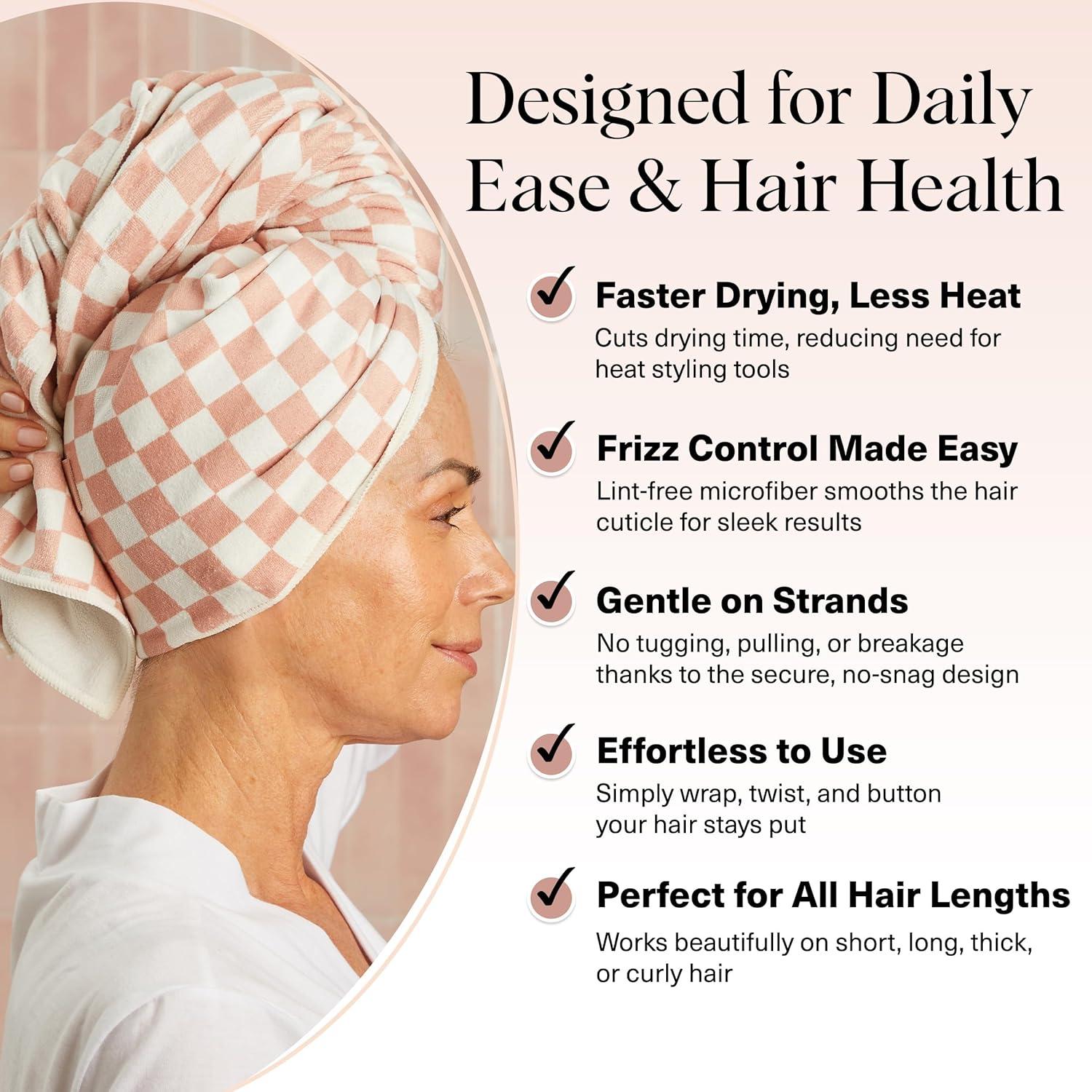 imageKitsch XL Microfiber Hair Towel Wrap for Women Ultra Absorbent Microfiber Towel for Wet Curly Long or Short Hair Quick Dry AntiFrizz Hair Wrap Cherry Print 40x24 inchesTerracotta Checkered