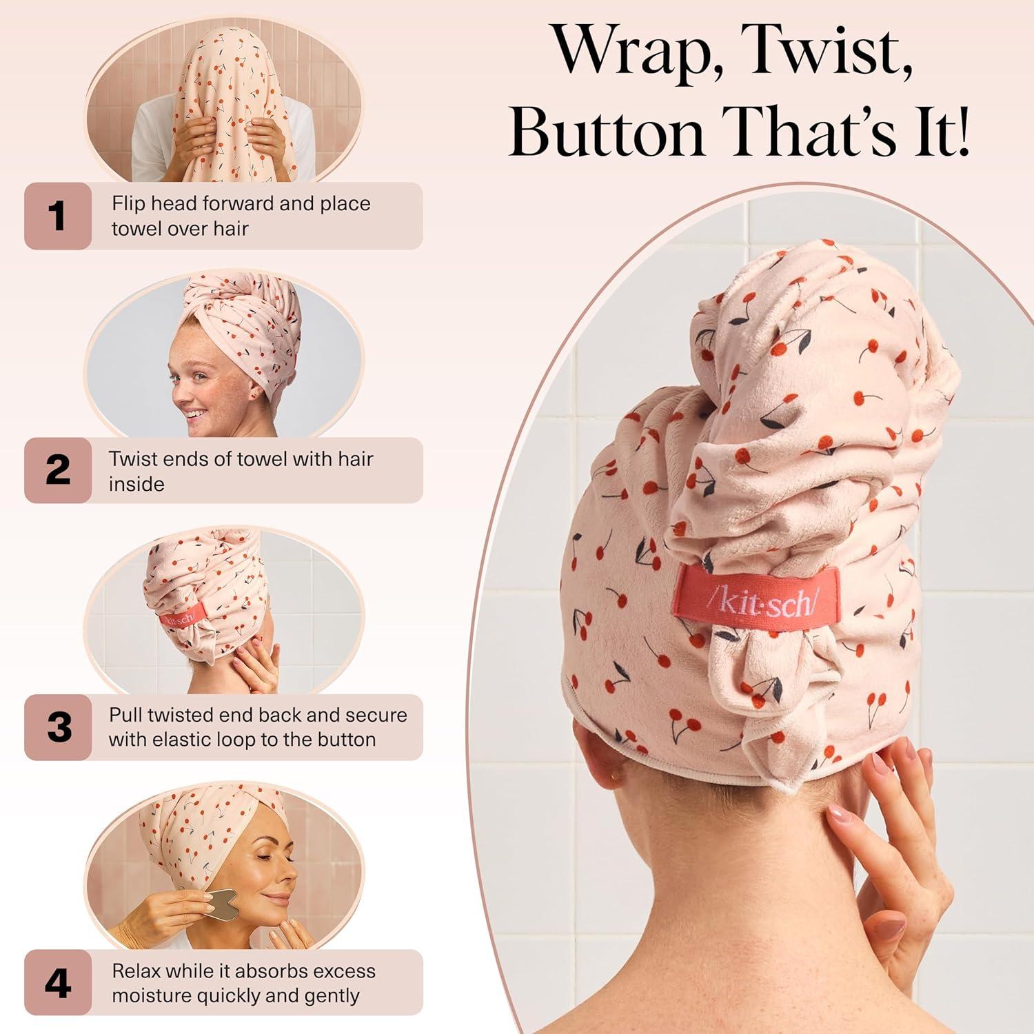 imageKitsch XL Microfiber Hair Towel Wrap for Women Ultra Absorbent Microfiber Towel for Wet Curly Long or Short Hair Quick Dry AntiFrizz Hair Wrap Cherry Print 40x24 inchesCherry Print