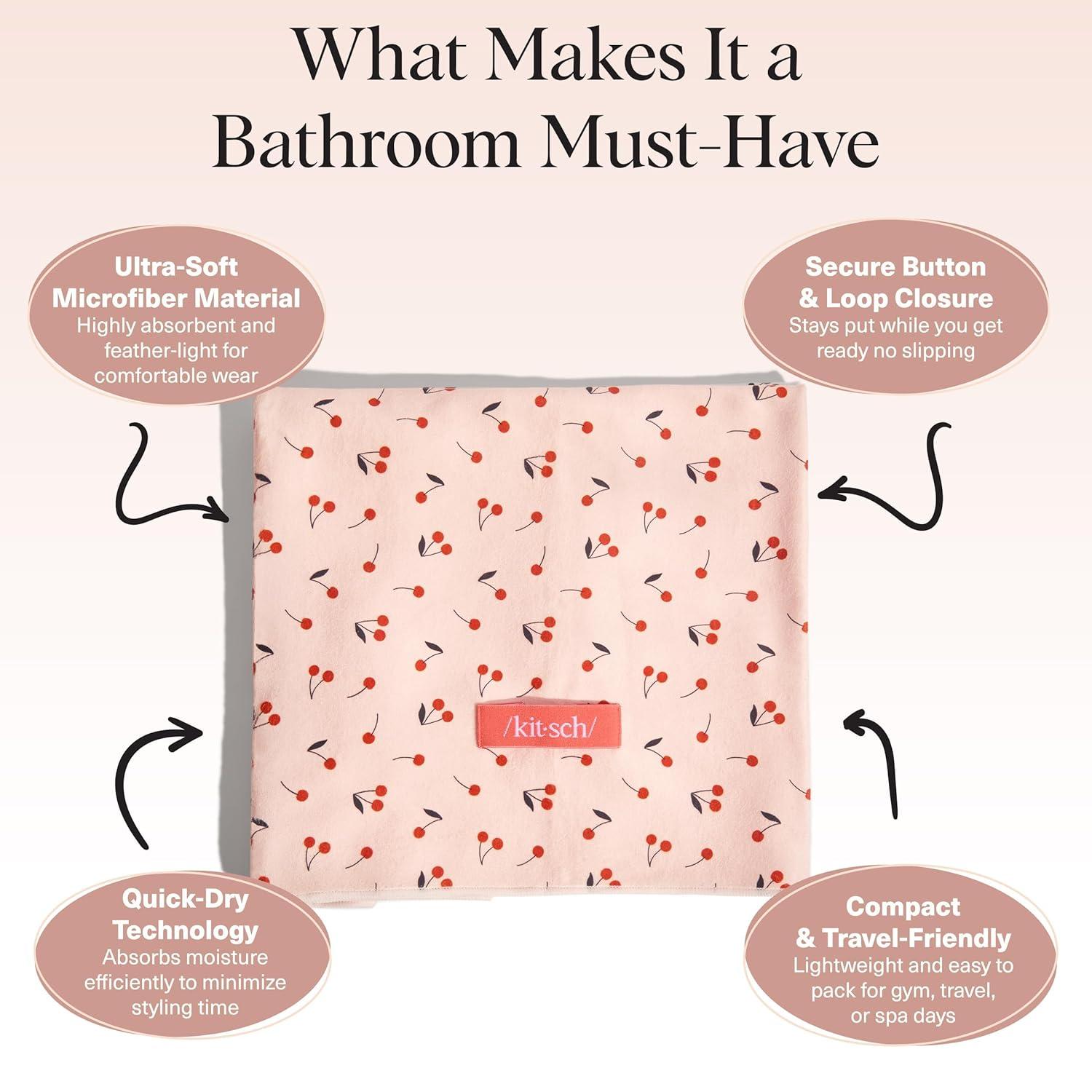 imageKitsch XL Microfiber Hair Towel Wrap for Women Ultra Absorbent Microfiber Towel for Wet Curly Long or Short Hair Quick Dry AntiFrizz Hair Wrap Cherry Print 40x24 inchesCherry Print