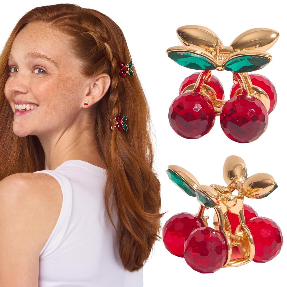 imageKitsch Cherry Small Hair Clips for Women Rhinestones Small Claw Clips Electroplated Metal Springs and AntiRust Finish Strong Hold for Updo and Cute Half Up Styles Ideal Gifts for Women 2pcs