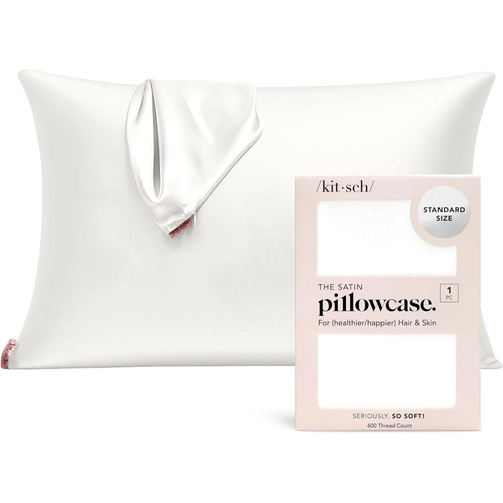 imageKitsch Satin Pillowcase with Zipper for Hair ampamp Skin Softer Than Silk Pillow Cases Queen WrinkleFree Smooth and Cooling Satin Pillow Covers Standard Size 19quotx26quot AuraIvory