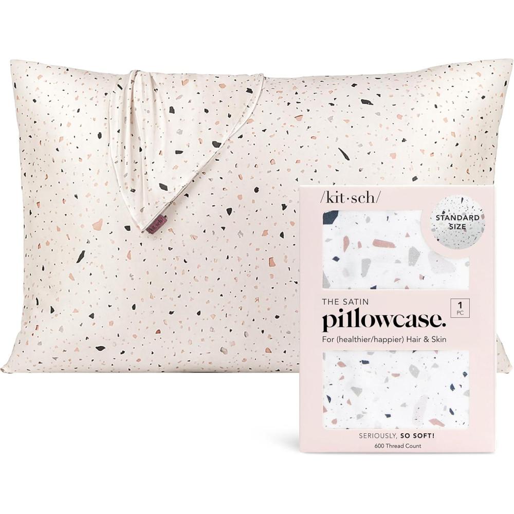 imageKitsch Satin Pillowcase with Zipper for Hair ampamp Skin Softer Than Silk Pillow Cases Queen WrinkleFree Smooth and Cooling Satin Pillow Covers Standard Size 19quotx26quot AuraWhite Terrazzo