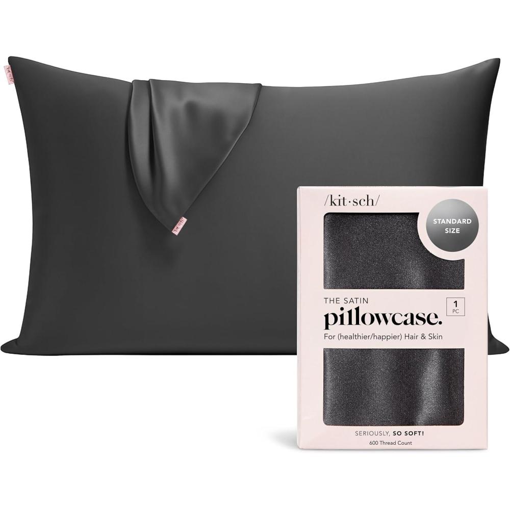 imageKitsch Satin Pillowcase with Zipper for Hair ampamp Skin Softer Than Silk Pillow Cases Queen WrinkleFree Smooth and Cooling Satin Pillow Covers Standard Size 19quotx26quot CharcoalCharcoal