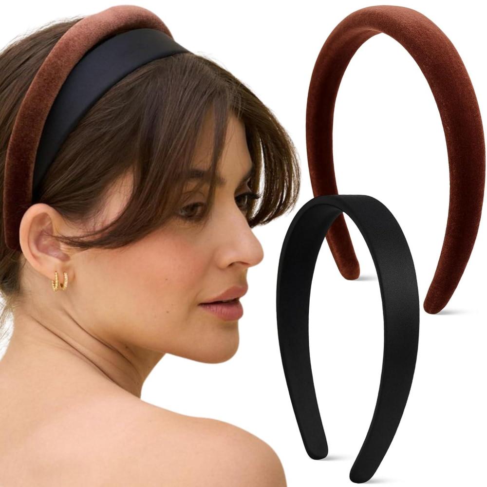 imageKitsch Velvet ampamp Satin Headbands for Women Non Slip Soft and Lightweight Stylish Headbands for Girls with Chic Neutral Shades Ideal Gifts for Women Black ampamp Chocolate 2pc SetBlack Chocolate