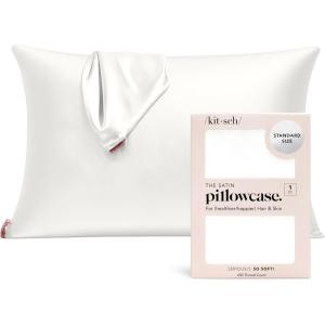 Kitsch Satin Pillowcase with Zipper for Hair & Skin, Softer Than Silk Pillow Cases Queen, Wrinkle-Free, Smooth and Cooling Satin Pillow Covers, Standard Size 19″x26″ – Aura(Ivory)