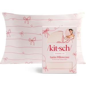 Kitsch Satin Pillowcase with Zipper for Hair & Skin, Softer Than Silk Pillow Cases Queen, Wrinkle-Free, Smooth and Cooling Satin Pillow Covers, Standard Size 19″x26″ – Charcoal(Striped Bows)
