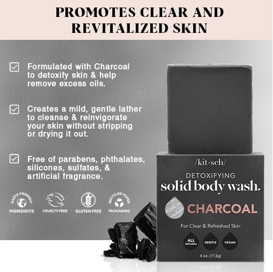 imageKitsch Charcoal Soap Body Wash Bar Detoxifying Bar Soap with Activated Charcoal Gently Removes Excess Oil ampamp Impurities Clears Pores Firms ampamp Moisturizes Skin Made in USA 4 oz