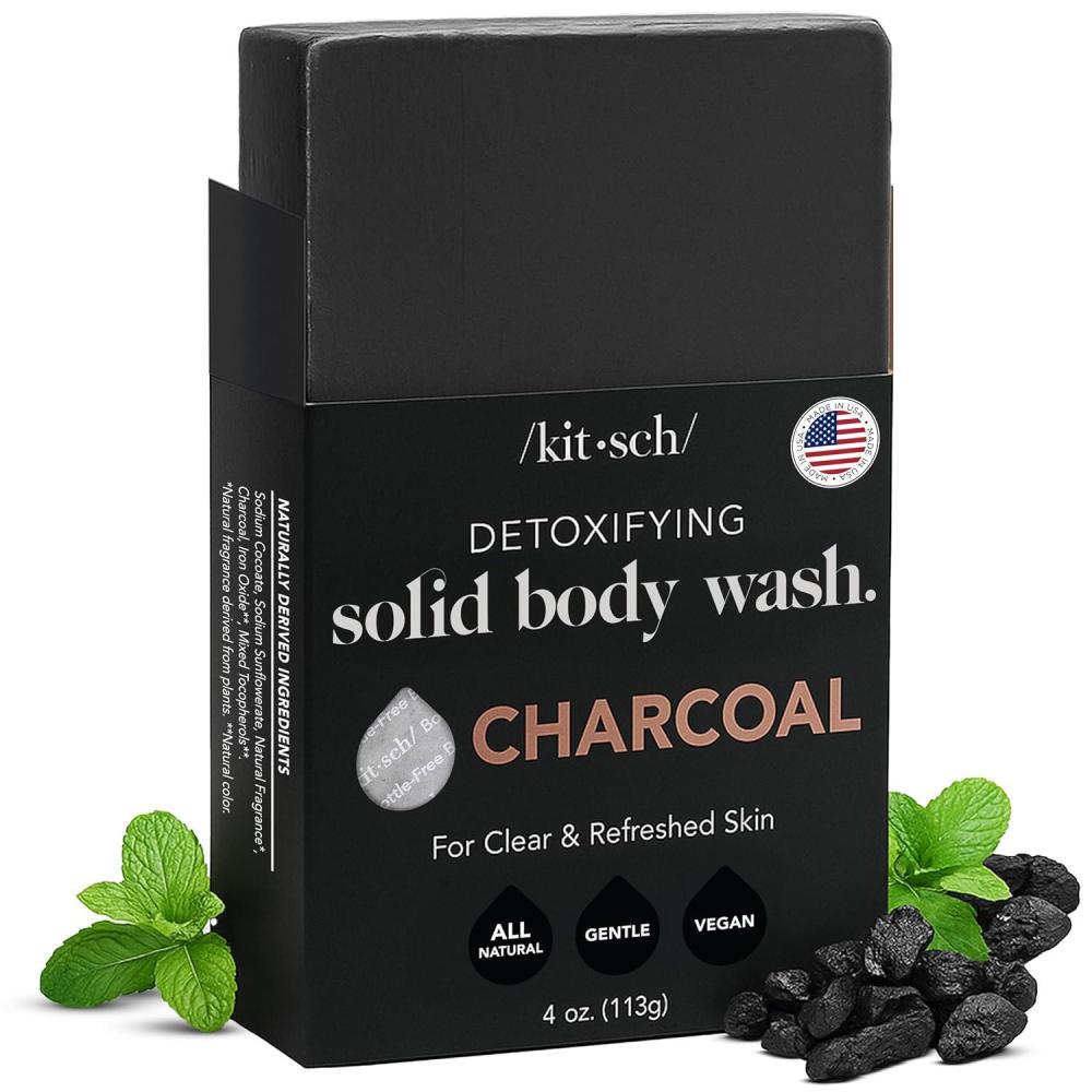 imageKitsch Charcoal Soap Body Wash Bar Detoxifying Bar Soap with Activated Charcoal Gently Removes Excess Oil ampamp Impurities Clears Pores Firms ampamp Moisturizes Skin Made in USA 4 oz