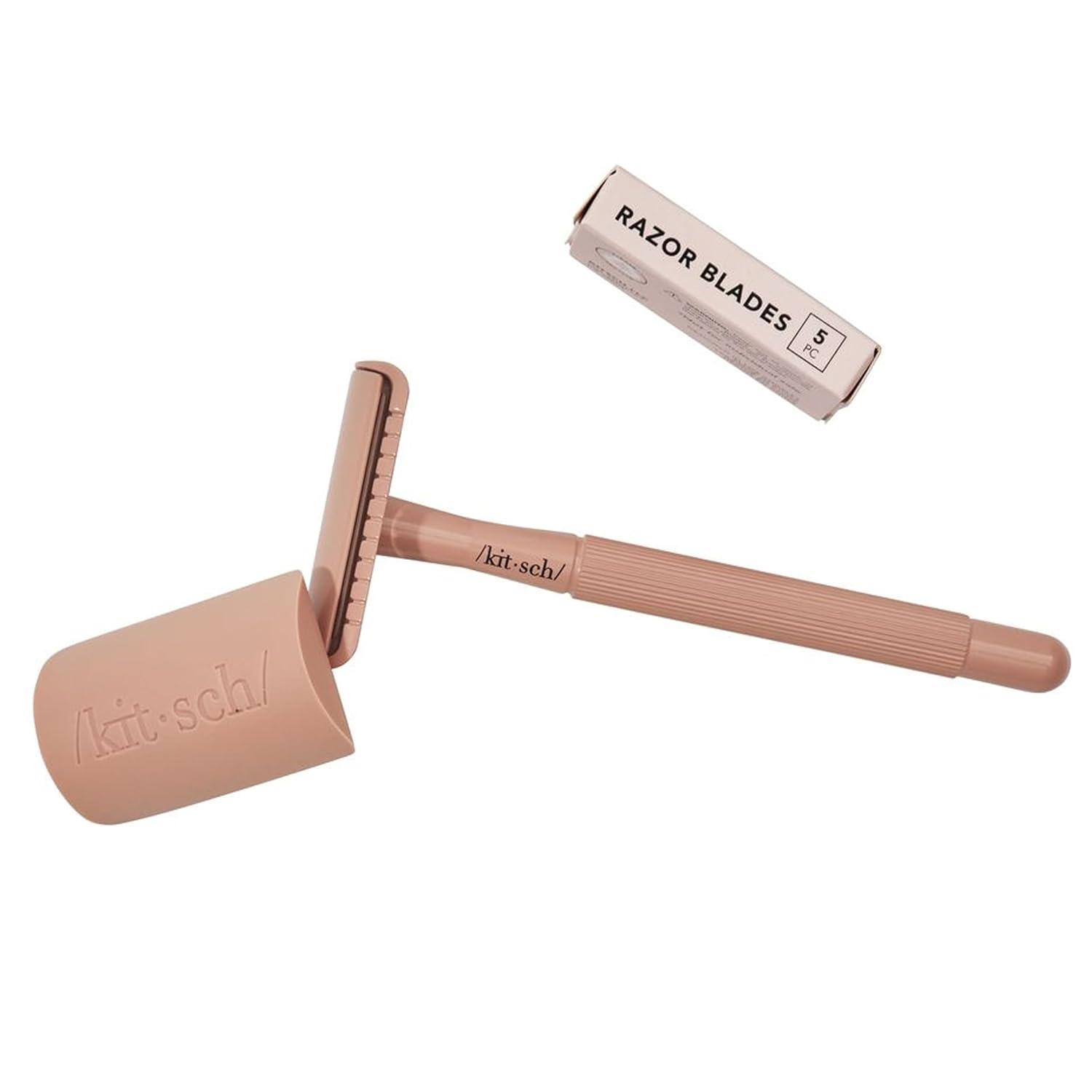 imageKitsch Double Edge Safety Razors for Women and Men Long Metal Handle and Stainless Steel Single Blade Razor with 5 Double Edge Refills for Shaving and Travel Essentials Terracotta