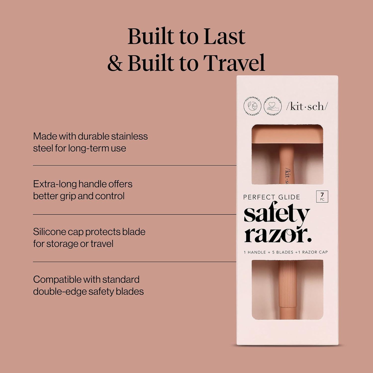 imageKitsch Double Edge Safety Razors for Women and Men Long Metal Handle and Stainless Steel Single Blade Razor with 5 Double Edge Refills for Shaving and Travel Essentials Terracotta