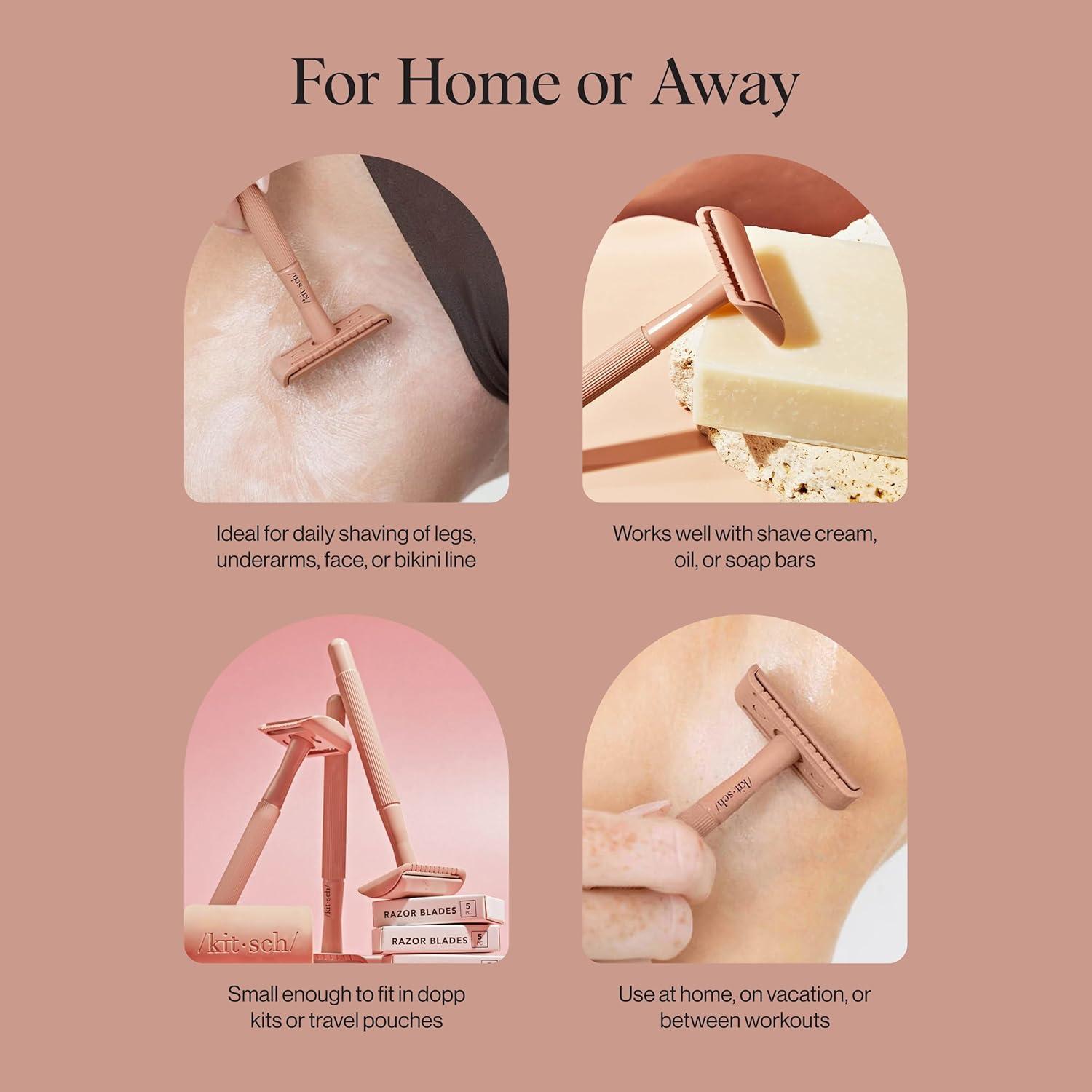 imageKitsch Double Edge Safety Razors for Women and Men Long Metal Handle and Stainless Steel Single Blade Razor with 5 Double Edge Refills for Shaving and Travel Essentials Terracotta