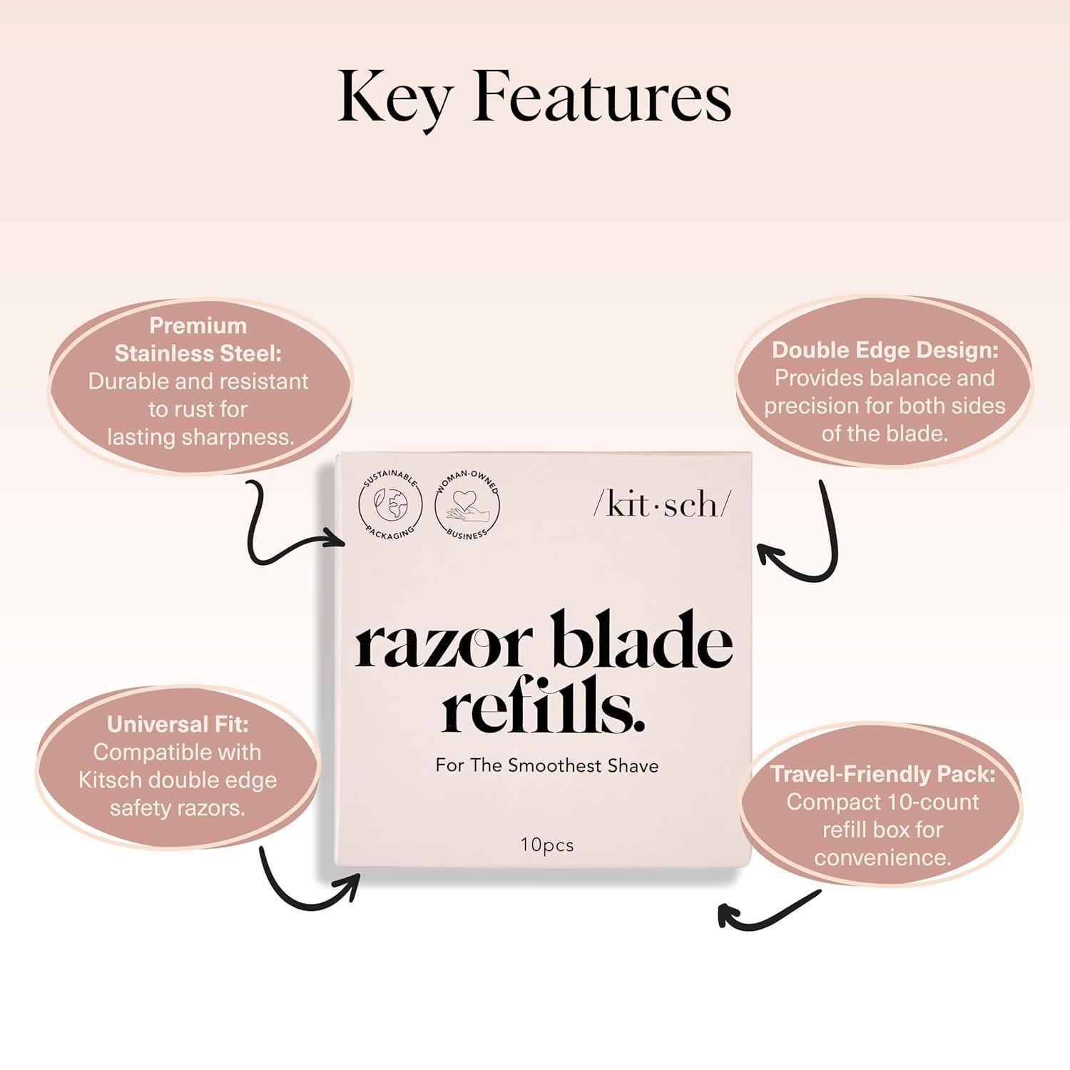 imageKitsch Double Edge Safety Razors for Women and Men with 5 Blade Refills Extra Long Handle ampamp Silicone Cap Reusable Single Blade Razor for Shaving and Travel Essentials BlackDouble Edge Razor Blades Refills