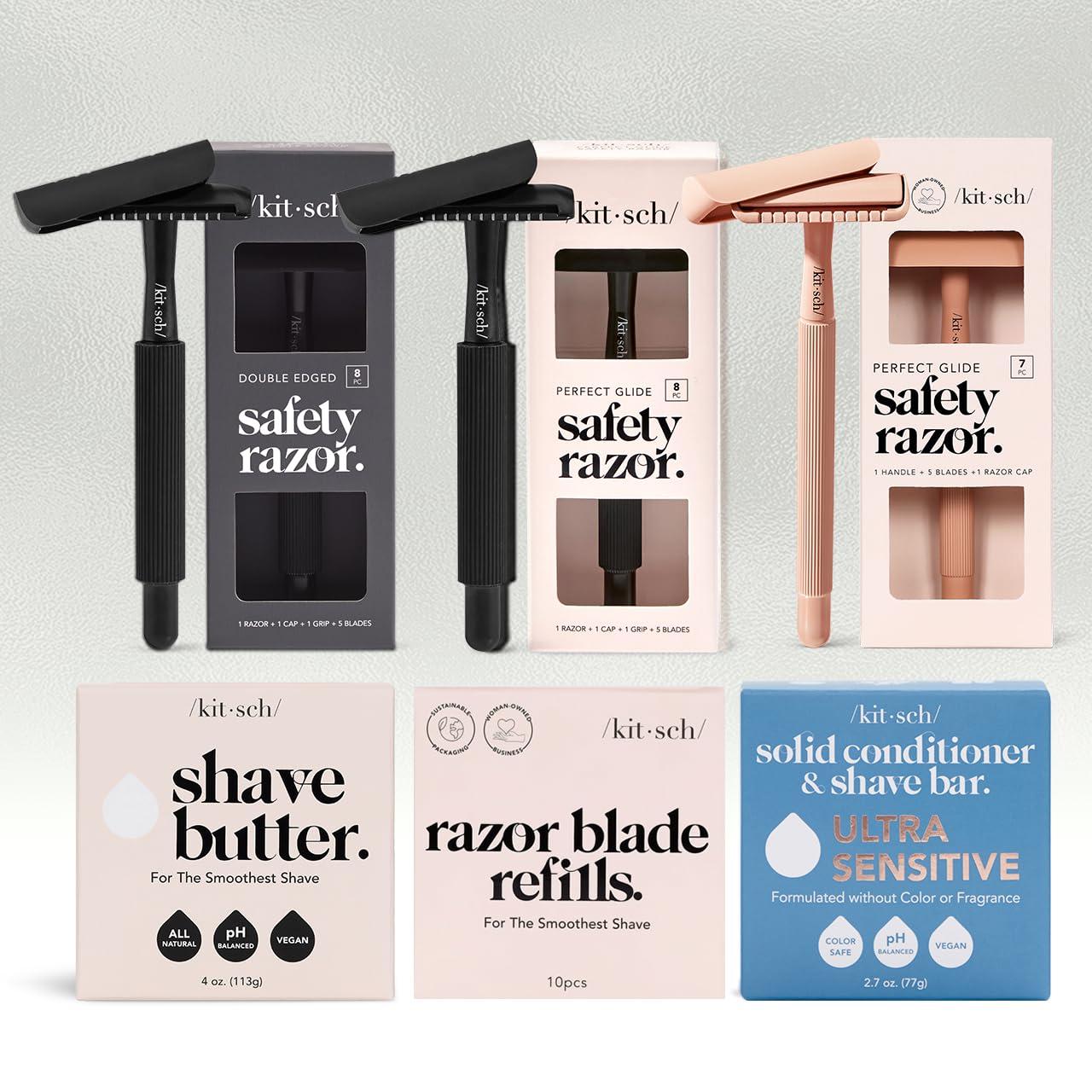 imageKitsch Double Edge Safety Razors for Women and Men with 5 Blade Refills Extra Long Handle ampamp Silicone Cap Reusable Single Blade Razor for Shaving and Travel Essentials BlackBlack Double Edge Safety Razor