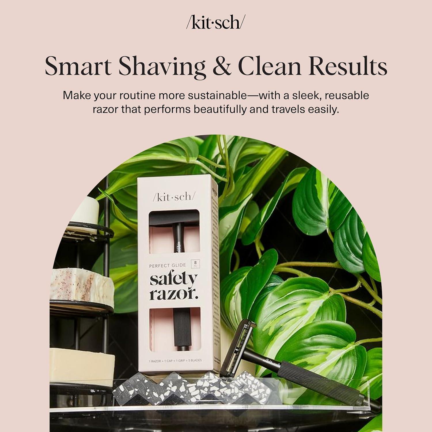 imageKitsch Double Edge Safety Razors for Women and Men with 5 Blade Refills Extra Long Handle ampamp Silicone Cap Reusable Single Blade Razor for Shaving and Travel Essentials BlackBlack Double Edge Safety Razor for Women Men