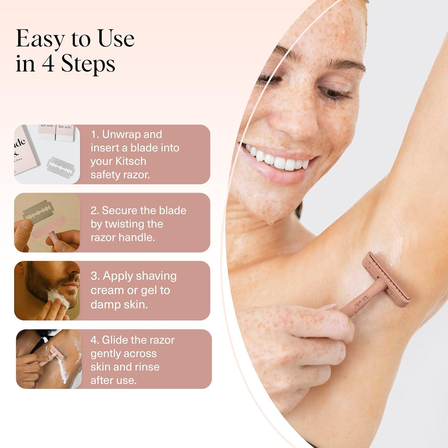 imageKitsch Double Edge Safety Razors for Women and Men with 5 Blade Refills Extra Long Handle ampamp Silicone Cap Reusable Single Blade Razor for Shaving and Travel Essentials BlackDouble Edge Razor Blades Refills