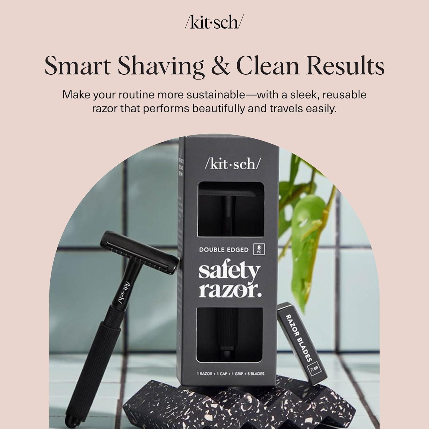 imageKitsch Double Edge Safety Razors for Women and Men with 5 Blade Refills Extra Long Handle ampamp Silicone Cap Reusable Single Blade Razor for Shaving and Travel Essentials BlackBlack Double Edge Safety Razor