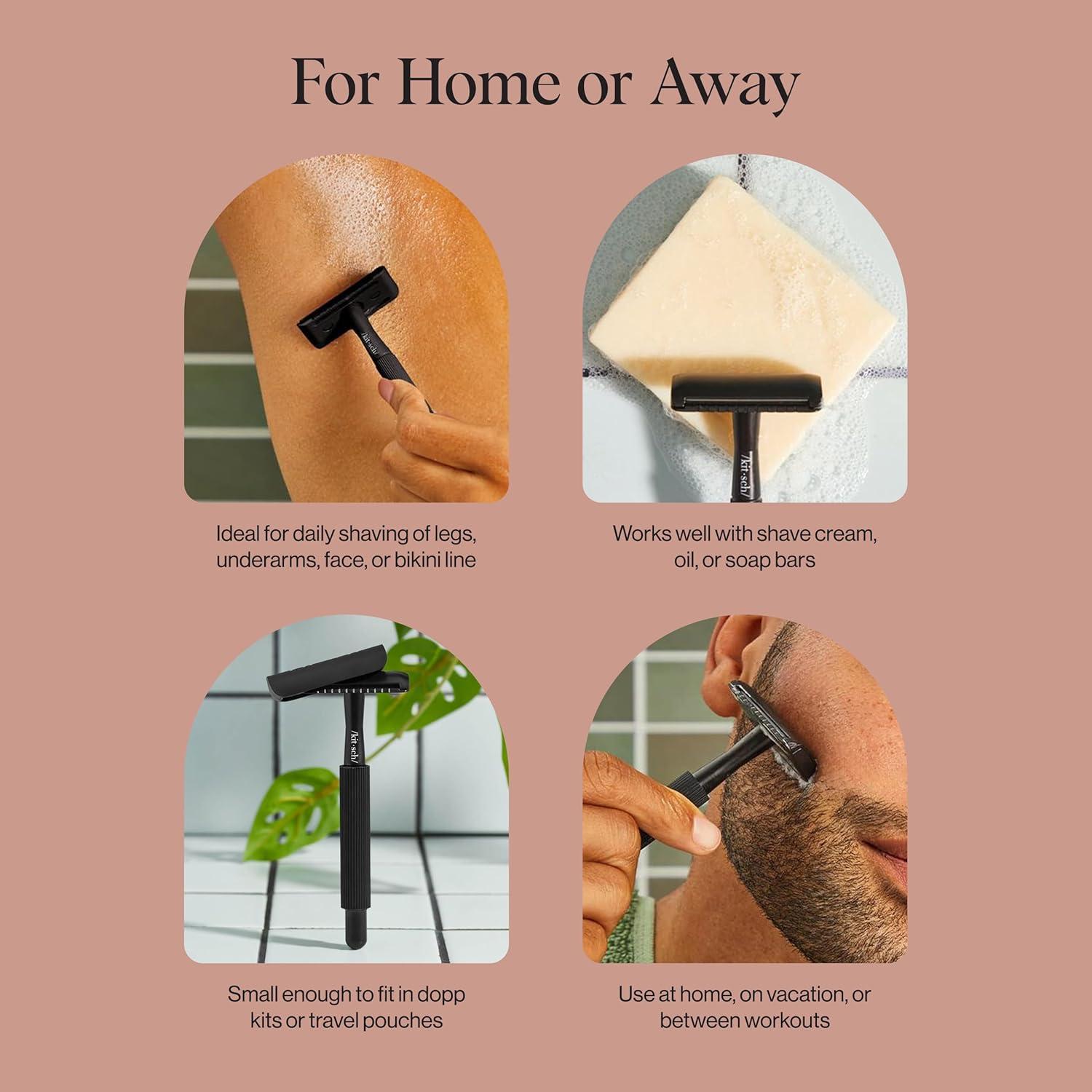 imageKitsch Double Edge Safety Razors for Women and Men with 5 Blade Refills Extra Long Handle ampamp Silicone Cap Reusable Single Blade Razor for Shaving and Travel Essentials BlackBlack Double Edge Safety Razor for Women Men