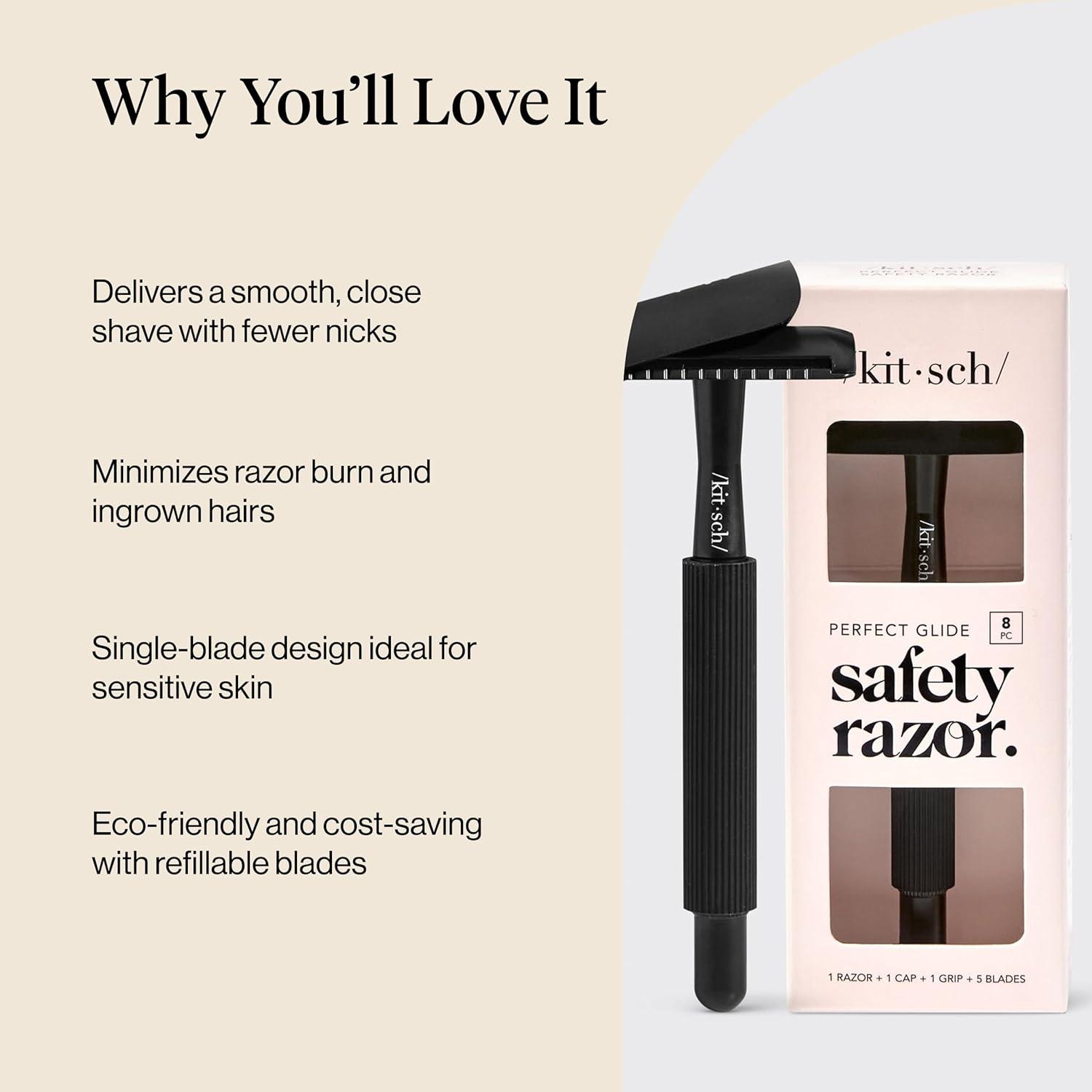 imageKitsch Double Edge Safety Razors for Women and Men with 5 Blade Refills Extra Long Handle ampamp Silicone Cap Reusable Single Blade Razor for Shaving and Travel Essentials BlackBlack Double Edge Safety Razor for Women Men