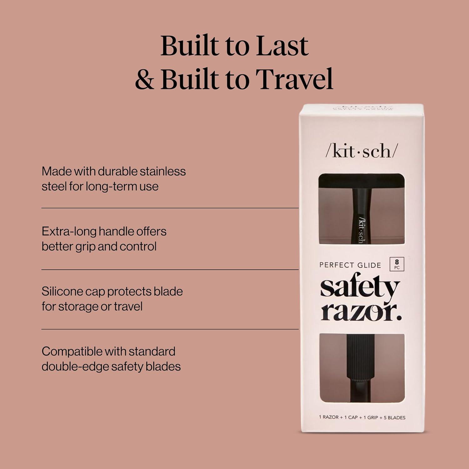 imageKitsch Double Edge Safety Razors for Women and Men with 5 Blade Refills Extra Long Handle ampamp Silicone Cap Reusable Single Blade Razor for Shaving and Travel Essentials BlackBlack Double Edge Safety Razor for Women Men