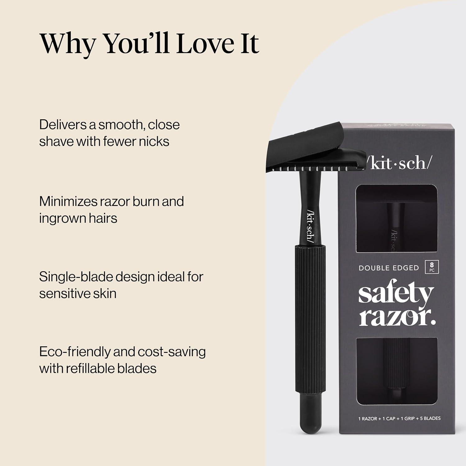 imageKitsch Double Edge Safety Razors for Women and Men with 5 Blade Refills Extra Long Handle ampamp Silicone Cap Reusable Single Blade Razor for Shaving and Travel Essentials BlackBlack Double Edge Safety Razor