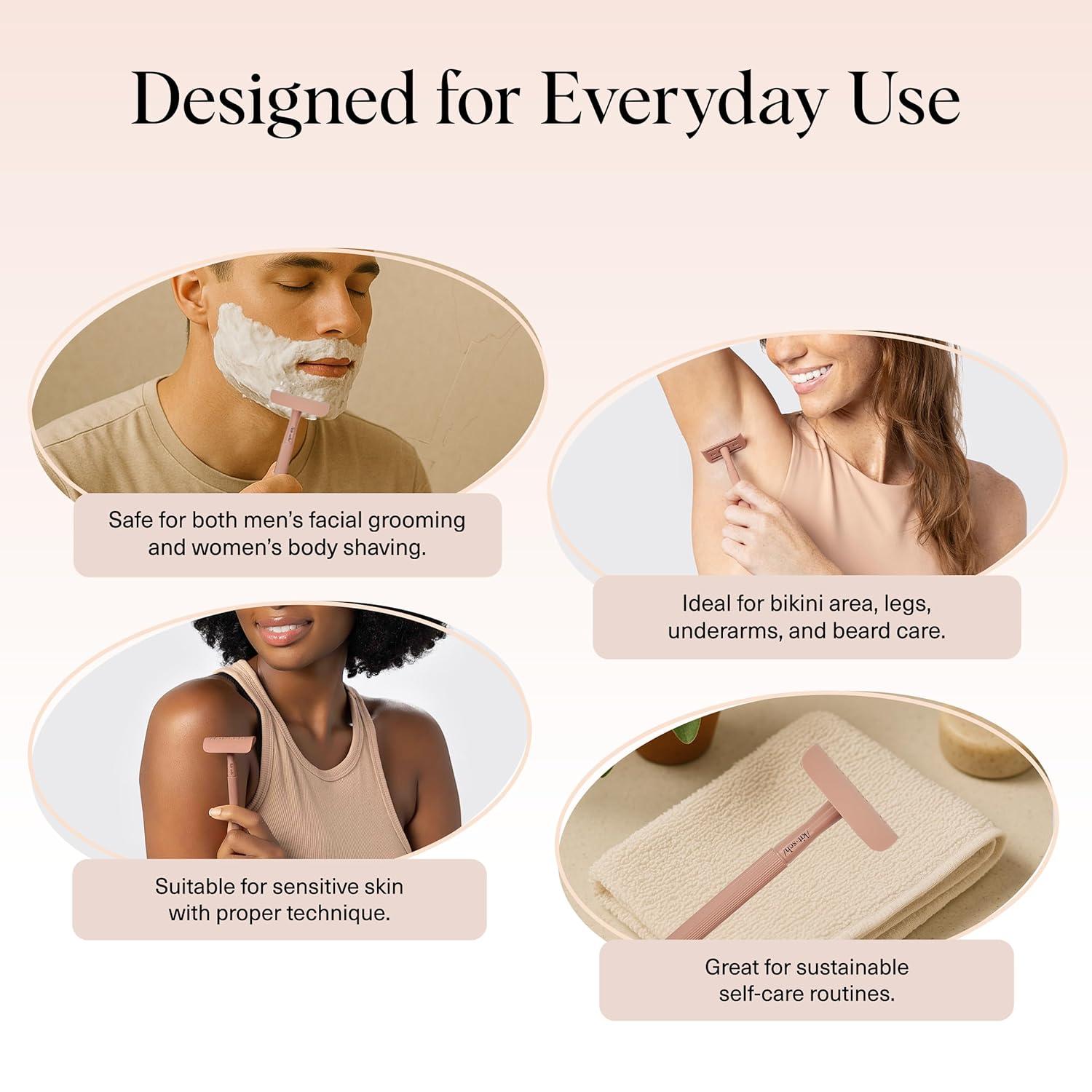 imageKitsch Double Edge Safety Razors for Women and Men with 5 Blade Refills Extra Long Handle ampamp Silicone Cap Reusable Single Blade Razor for Shaving and Travel Essentials BlackDouble Edge Razor Blades Refills