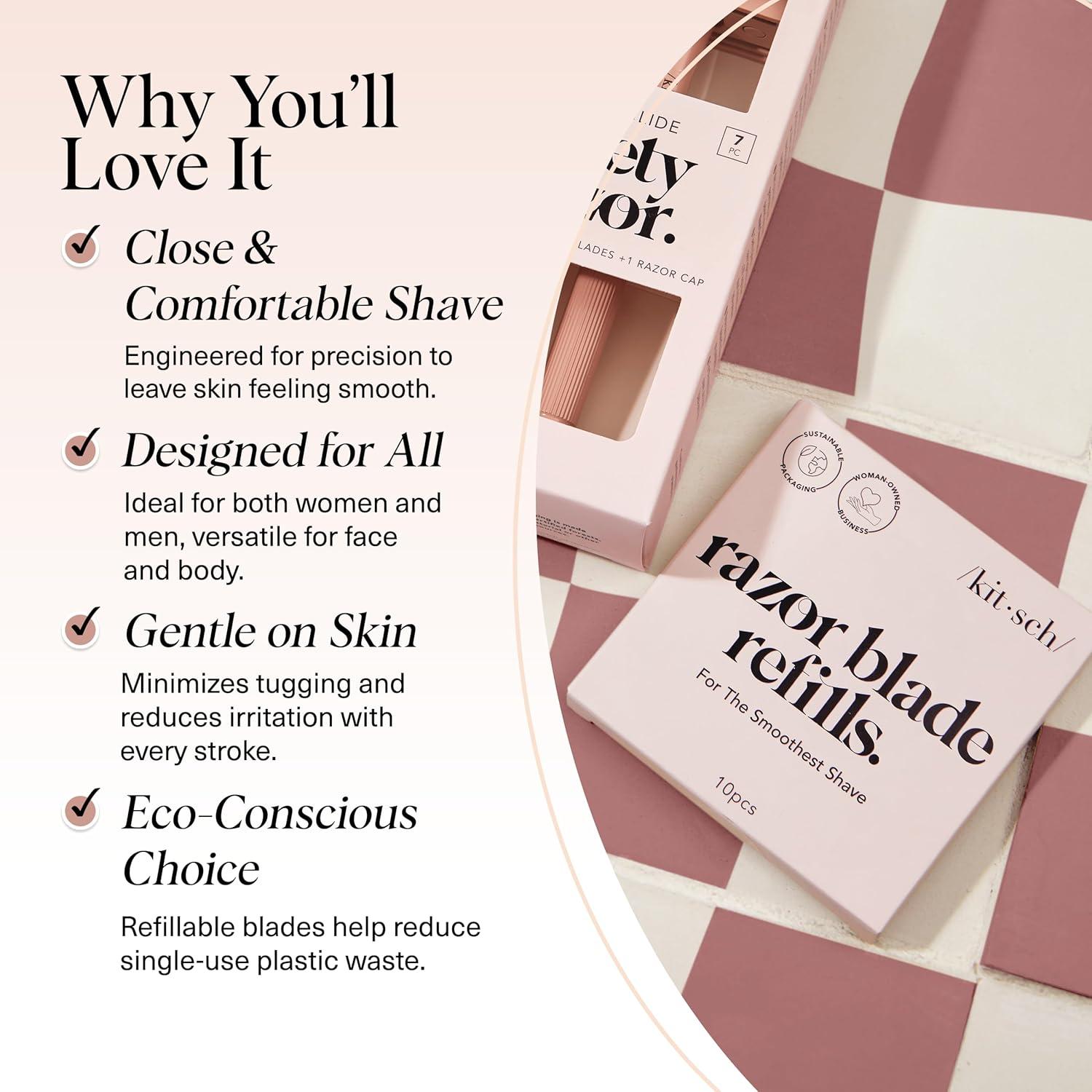 imageKitsch Double Edge Safety Razors for Women and Men with 5 Blade Refills Extra Long Handle ampamp Silicone Cap Reusable Single Blade Razor for Shaving and Travel Essentials BlackDouble Edge Razor Blades Refills