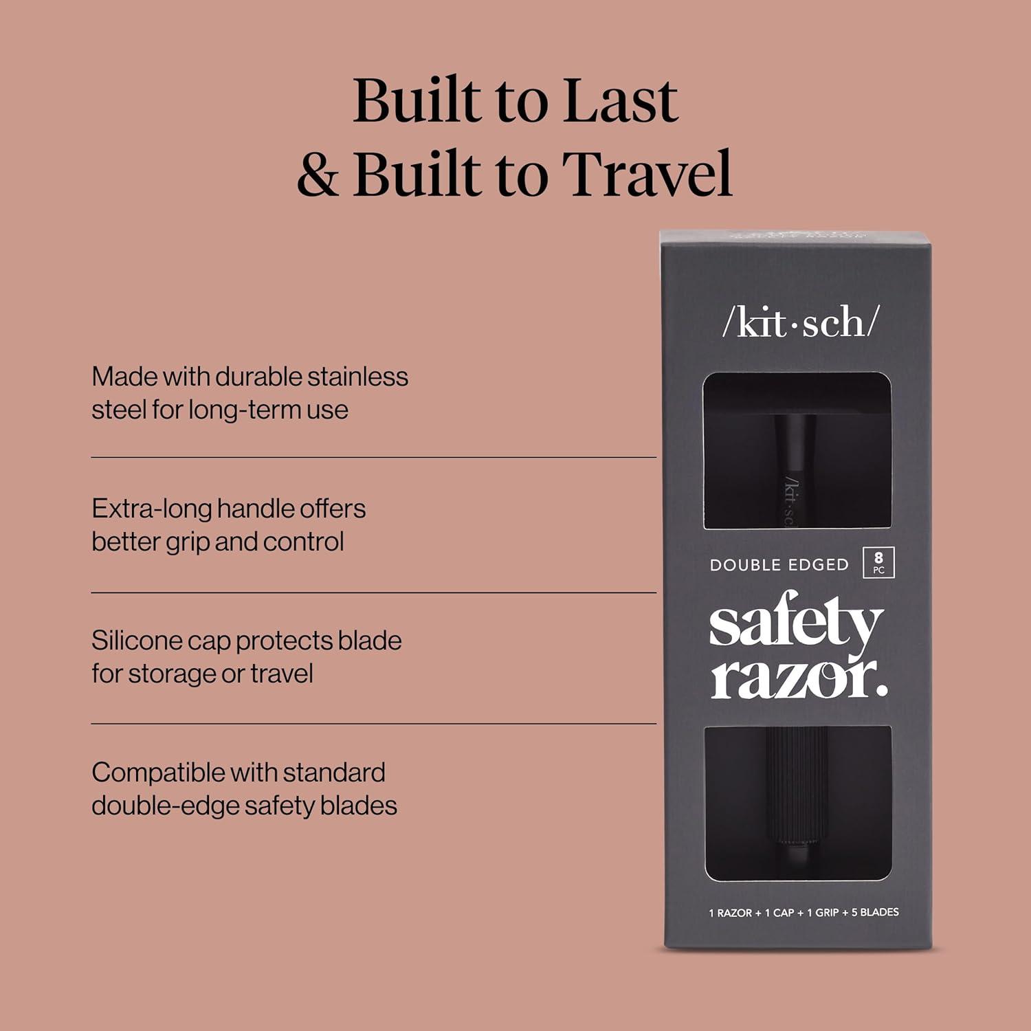 imageKitsch Double Edge Safety Razors for Women and Men with 5 Blade Refills Extra Long Handle ampamp Silicone Cap Reusable Single Blade Razor for Shaving and Travel Essentials BlackBlack Double Edge Safety Razor